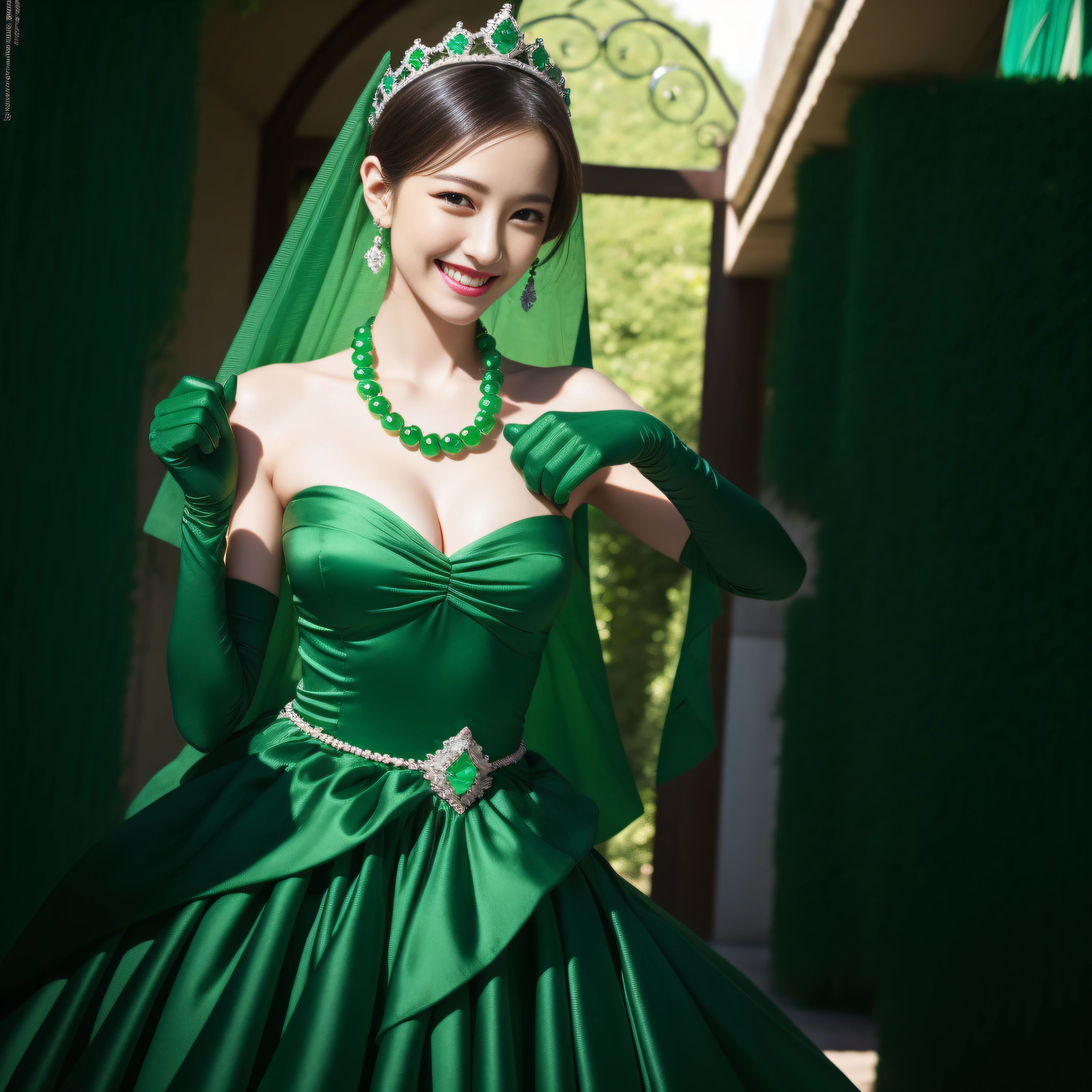 emerald tiara, Green Pearl Necklace, Boyish very short green hair, lipsticks, Japan woman smiling, very short short hair, big breasts beautiful, Green eyes, Long green gloves made of satin material, Green eyes, Emerald Earrings, Green dress