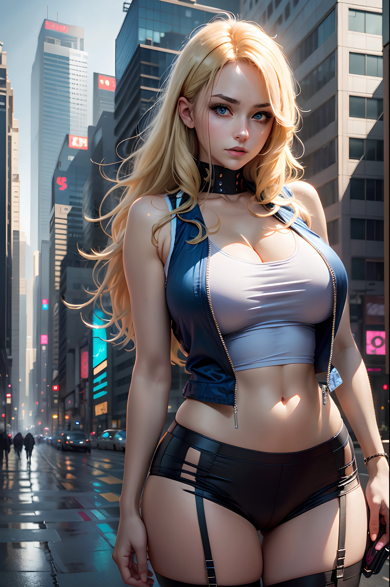 Woman, realistic character,Bunky blonde hair, Blue Silk Camisole Vest,Blue eyes, anime big breast, Alone, Modern, Cyberpunk
