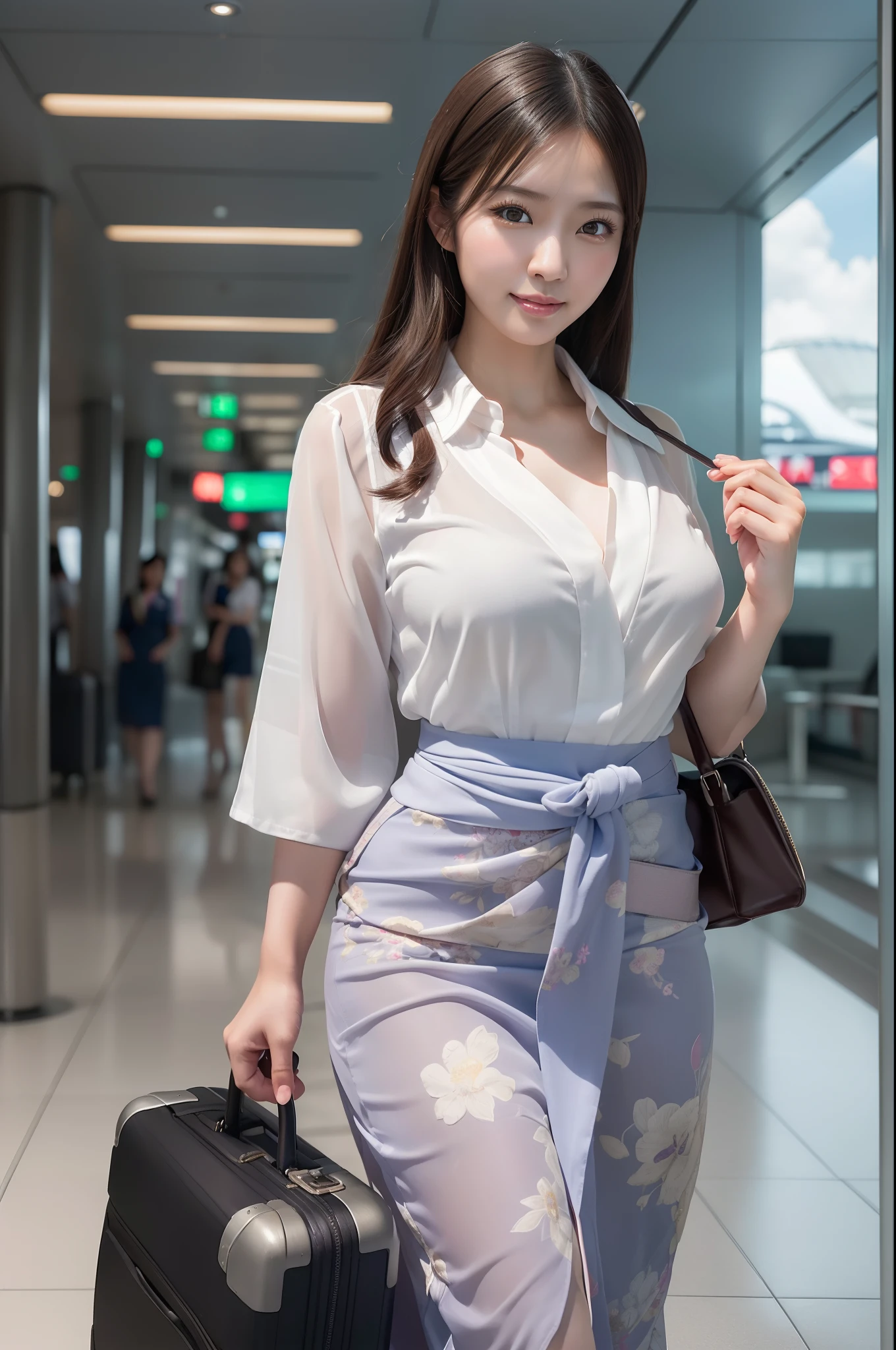((photographrealistic)), (realistic), (best quality), (masutepiece), (ultra high definition), ray tracing, ((one Japanese female flight attendant with a suitcase)), ((singapore airline)), (Sarong Kebaya), high definition face, high definition finger, high definition uniform, sagging breasts, closed mouth, smile, upper body, long shot, airport