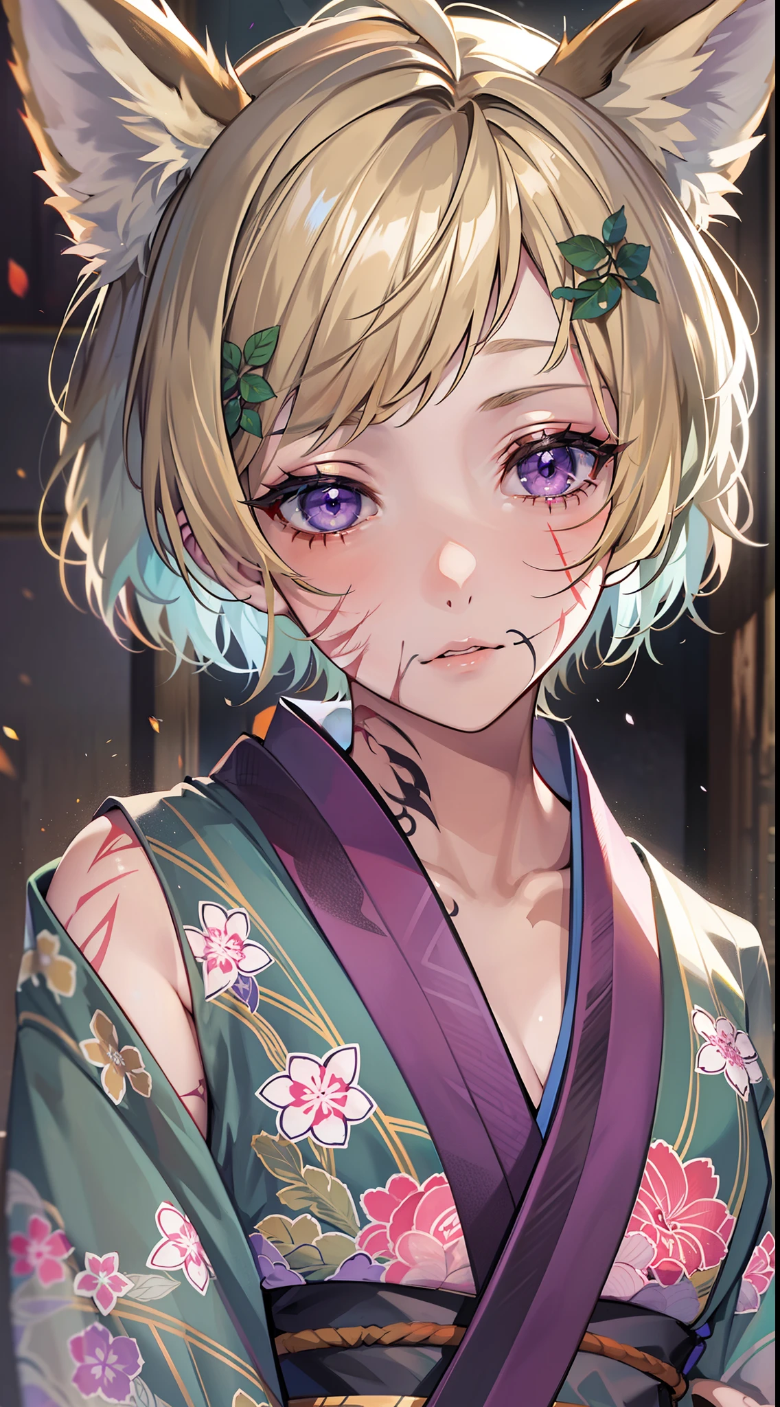 young girl, short blonde hair, Fox ears, violet eyes, tattoo, Scars, green kimono, tattoo, open belly, open breasts, open shoulders, neckline on the chest, long skirt, Sad,4k, HD, Good detail