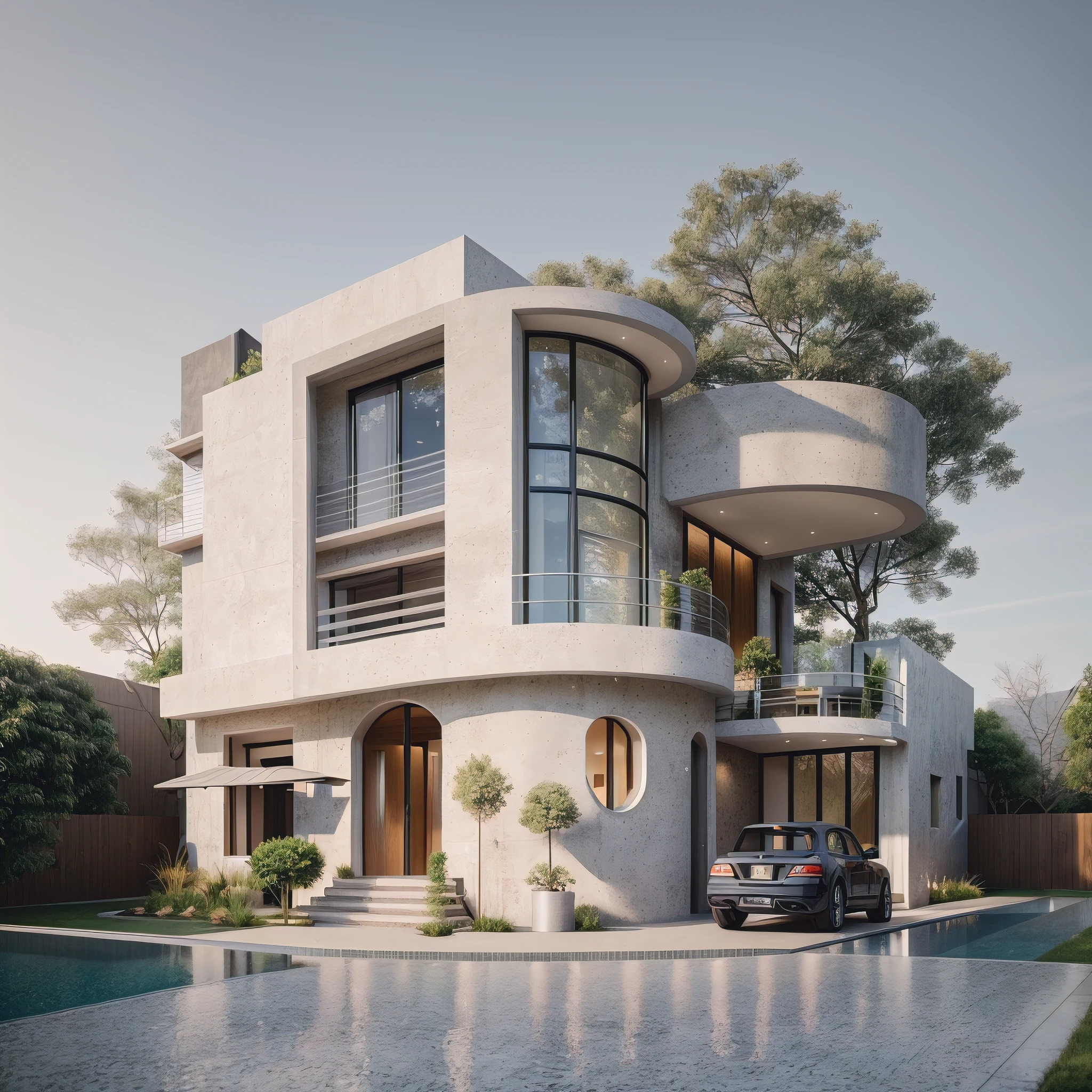 Exterior, morden house, sunset , (RAW photo, real, best quality, masterpiece:1.2), look morden minimalist, 1 road in front of the house, shime ring light, light brighteness from indoor:1.2, dynamic lighting:1.3, (hyper realistic, photo-realistic:1.2)
