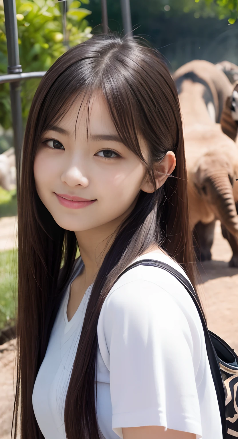 (top-quality、masterpiece:1.2)、Best Quality、realisitic、photoshot、hight resolution、1080p、8K、Textured skin、Physical Rendering、1 Japan Girls、High school students、kawaii、Young Face、Rolled hair、(zoo:1.5)、Tiere、full of shyness、smil、Big