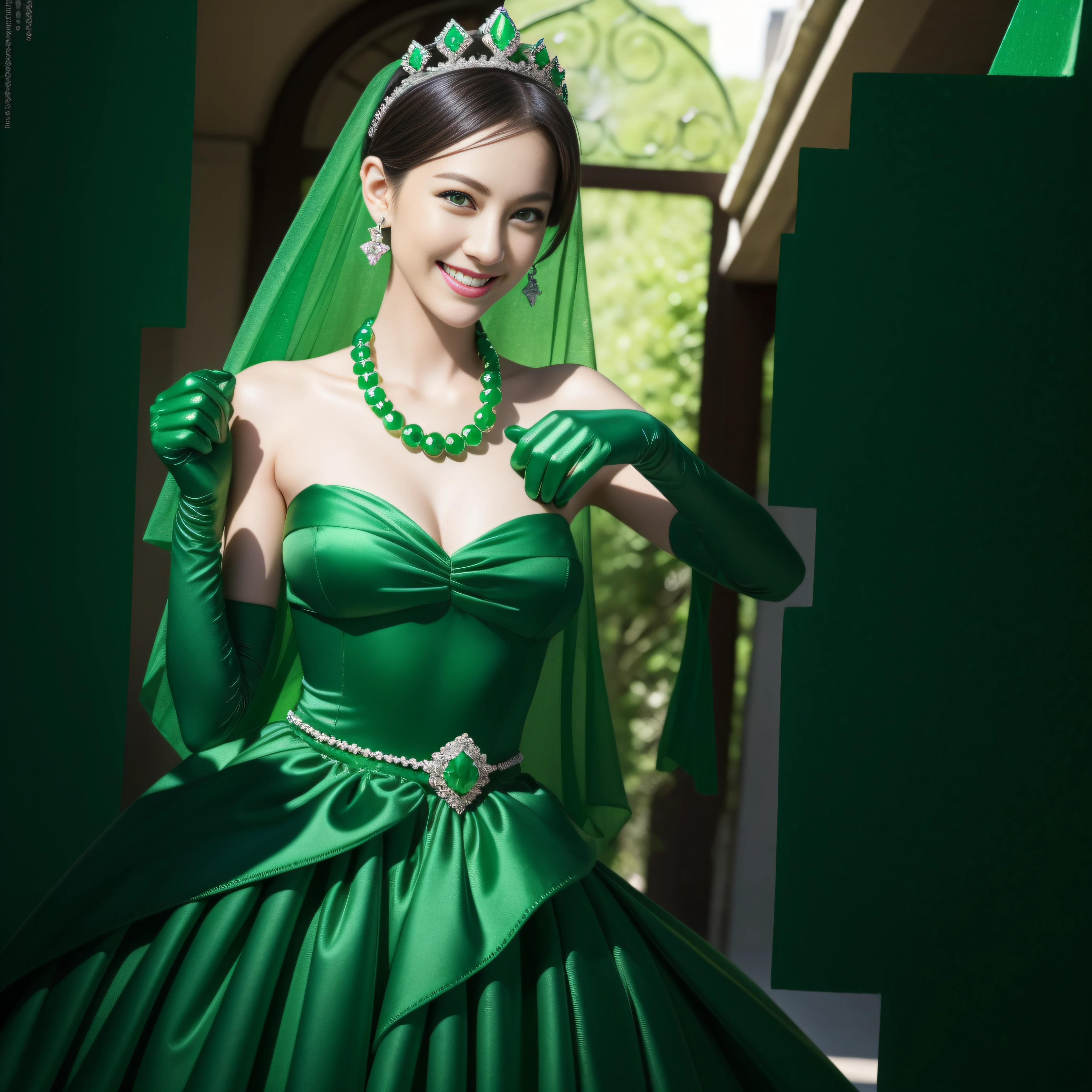 emerald tiara, Green Pearl Necklace, Boyish very short green hair, lipsticks, Japan woman smiling, very short short hair, big breasts beautiful, Green eyes, Long green gloves made of satin material, Green eyes, Emerald Earrings, Green dress