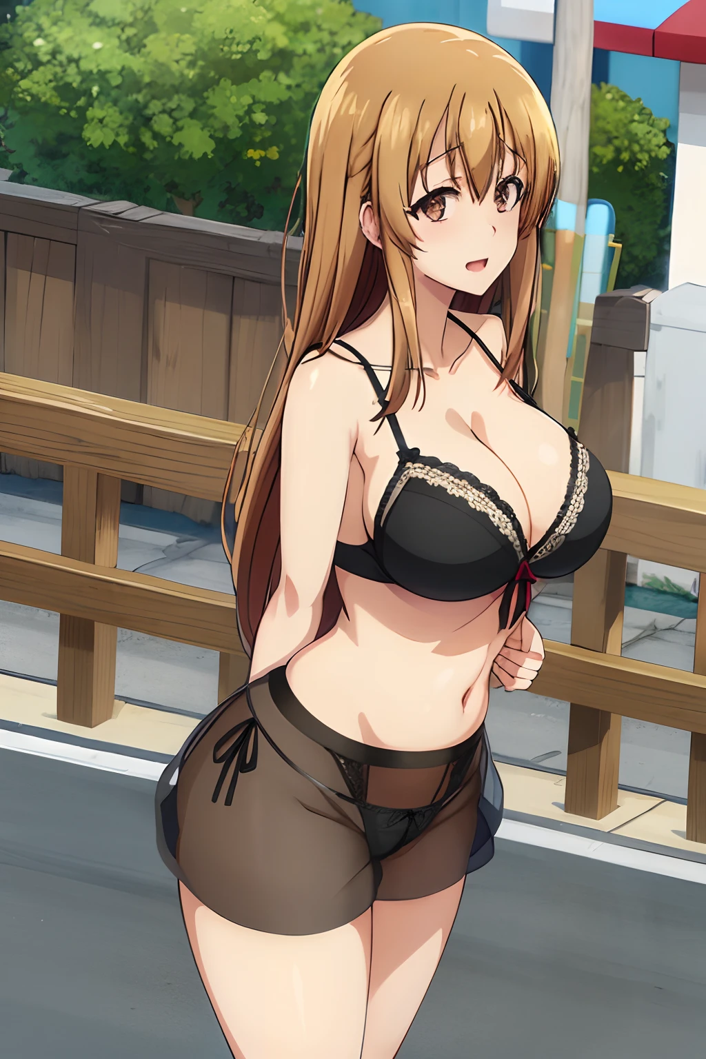 (Big tits),  (black panties, bra), best quality, (masterpiece:1.2), highly detailed, street, 1girl, kotegawa nanaka, looking at viewer, slight smile, open mouth, brown eyes, brown hair,  cleavage, busty