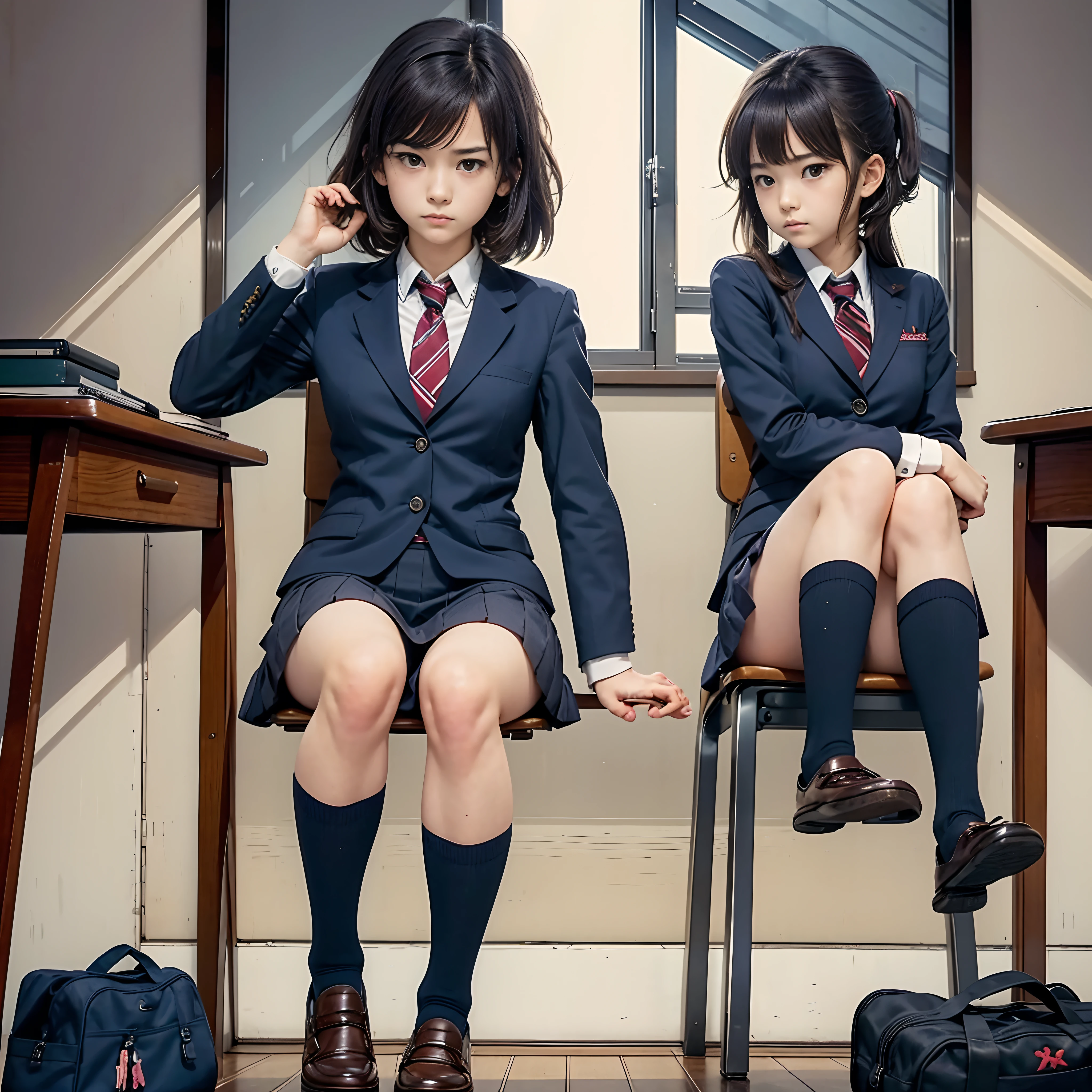 Japanese School, crass room, desk work, Chair, Beautiful High School Girl, a high school boy、Blazer, neck tie, high socks, Loafer schoolgirl, High school girl sitting on chair,Man sitting upright on the floor、 legs crossed, Looking down, (Foot View), Glaring expression,(Shoe soles)