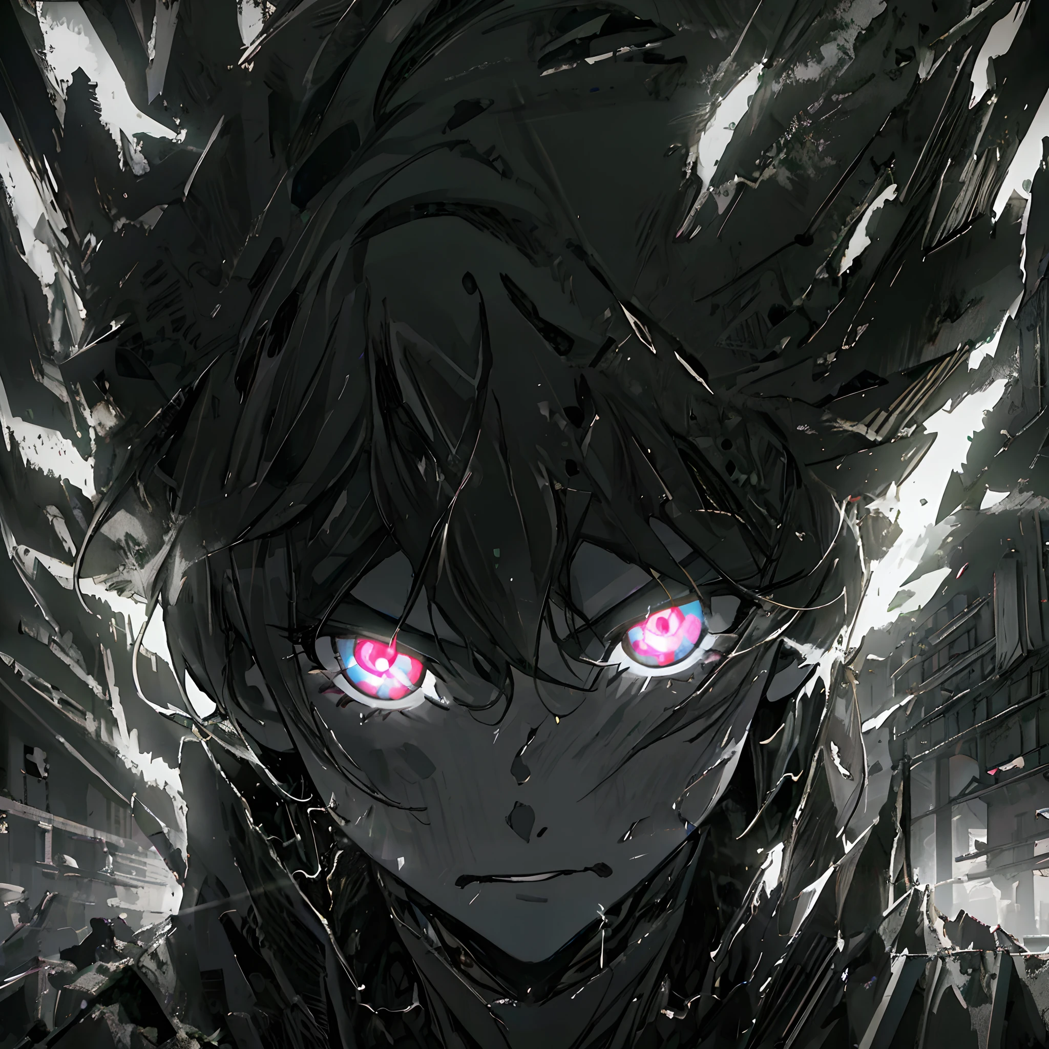 Anime humanoid monster,human,boy, glowing eyes,eye glare, monochrome, close up shot, creating a crack in reality, powerful aura, destroyed city,dark,night,8k,64k, HD, unparalleled masterpiece, dynamic lighting, cinematic, Ambient lighting, epic