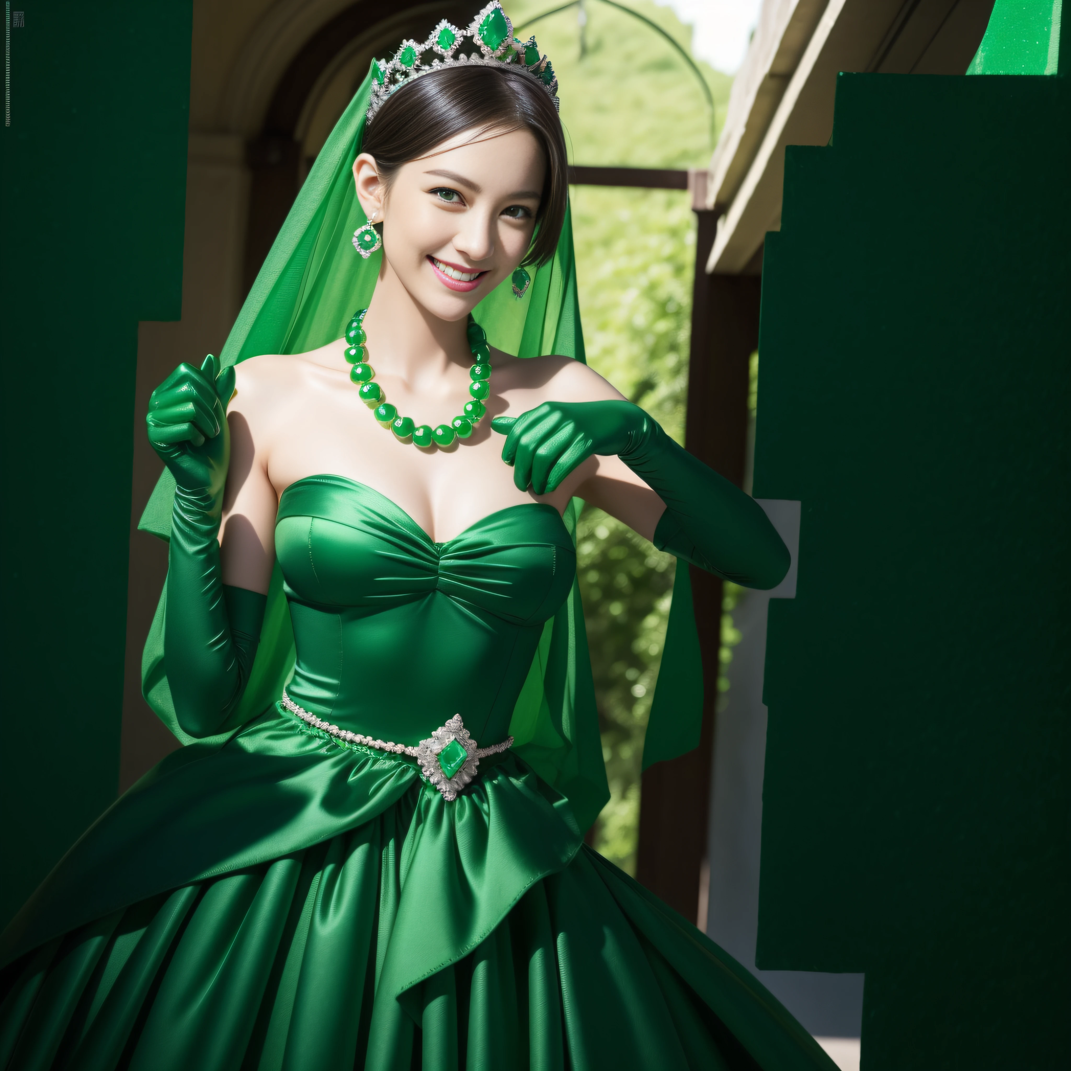 emerald tiara, Green Pearl Necklace, Boyish very short green hair, lipsticks, Japan woman smiling, very short short hair, big breasts beautiful, Green eyes, Long green gloves made of satin material, Green eyes, Emerald Earrings, Green dress