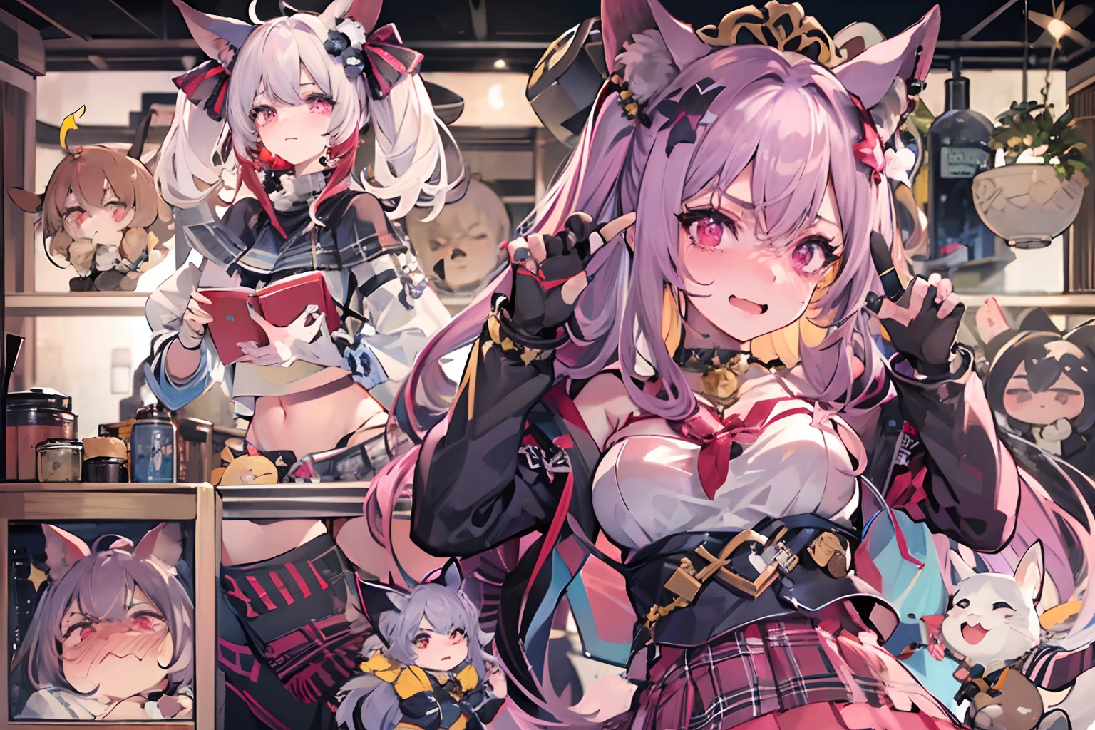 masterpiece, of the highest quality, Highly detailed,The best shading、
Beautiful anime face and eyes, full body Esbian, Standing, Good posture,、Hold up your little finger、Glowing skin, ear piercings,Shorthair,Low side tail、Long bangs、Yin Kya、(Petite:1.1)、Hanging、Animal ears、
Red-brown hair color, Hairpin,(A smile:0.8),(embarrassed from:1.3)、(perspiring;0.8)、Purple eye color、Hanging、normal hands, Colossal tits, Ring-shaped bangle on left hand, Choker,hair pin、Thin ribbon、
Idol jacket、Tube Top Shirt、Plaid pleated skirt、panthyhose、Navel、clothes shiny、Ring overhead、
Night, fullmoon, starrysky、Scattered light particles, Blurry background image,