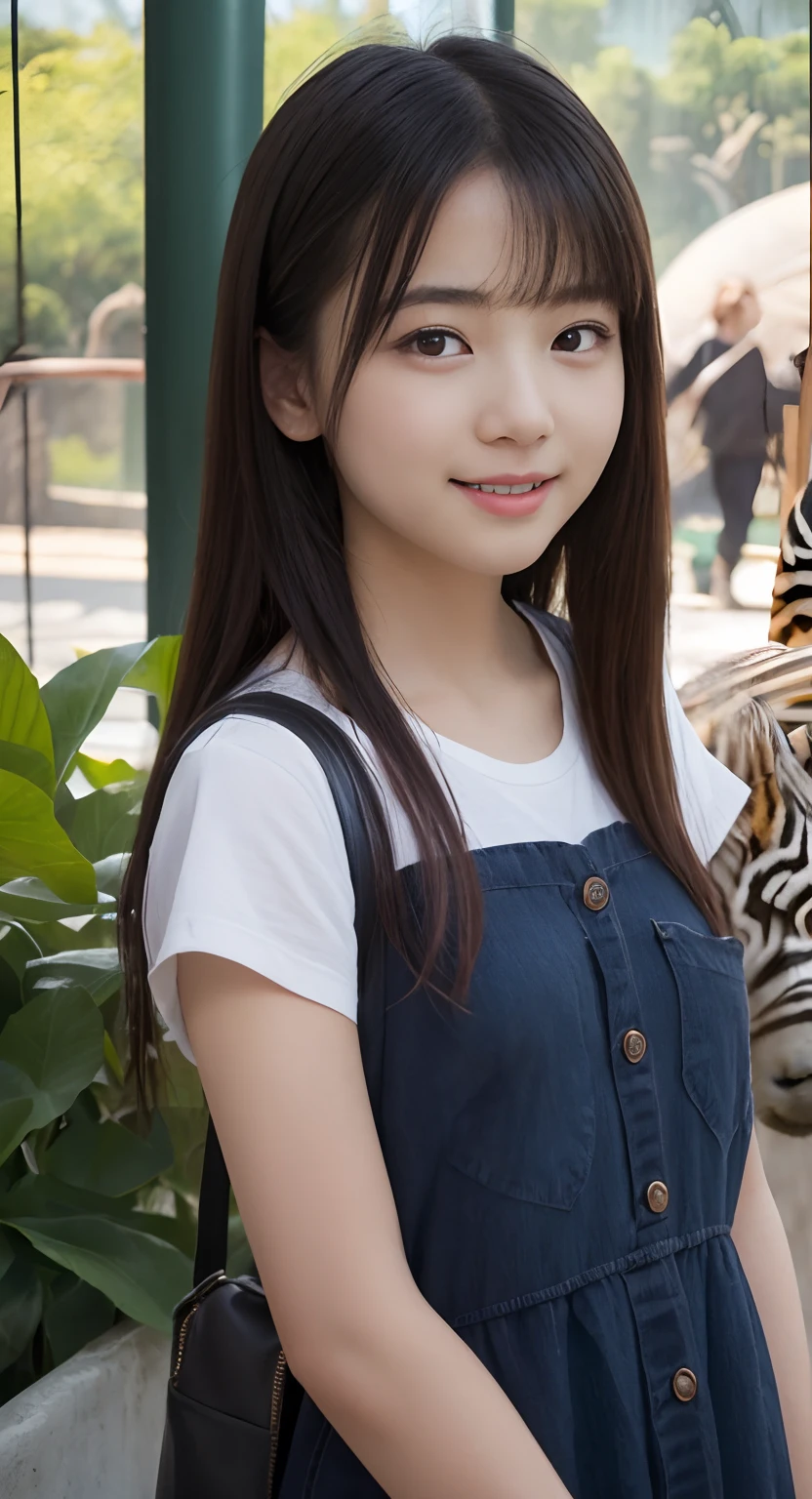 (top-quality、masterpiece:1.2)、Best Quality、realisitic、photoshot、hight resolution、1080p、8K、Textured skin、Physical Rendering、1 Japan Girls、High 、kawaii、Young Face、Rolled hair、(zoo:1.5)、Tiere、full of shyness、smil、Big