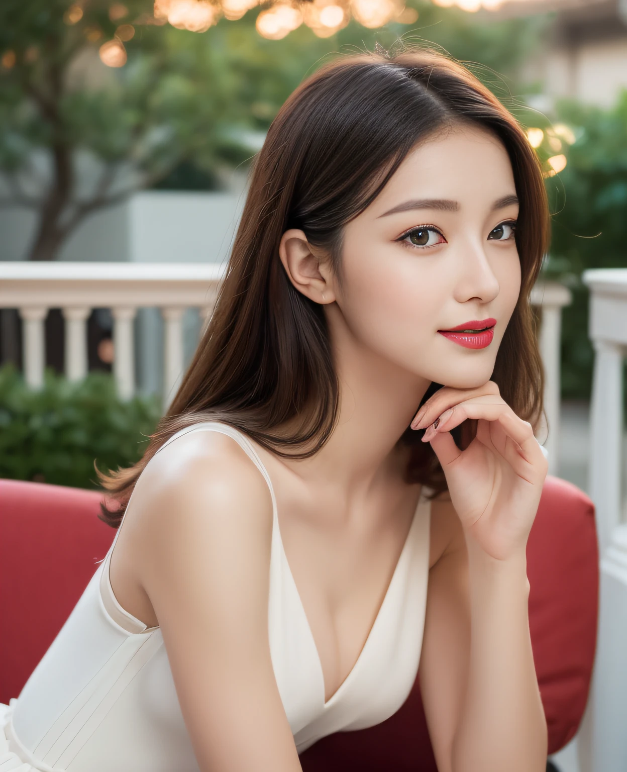 ((Top quality, 8K, masterpiece: 1.3)), Beautiful girl, pure, melon face, gentle and cute, sweet kissing gesture, sweet smile, pure desire, slender body, (front), (tilted head), ((looking) at the camera)), wearing dresses of different colors, medium hair, normal chest, long flowing shoulders, big round black eyes, big clear eyes, moist red lips, sweet , sitting on a chair, the background of a cafe terrace at dusk, (((taken from the waist up))),