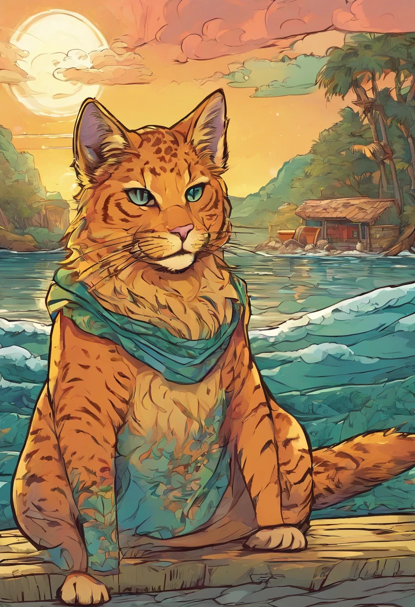 Quadrinhos americanos, The comic is presented in several irregular panels with colors. In a picturesque seaside town, where the waves danced gracefully in the wind and the sun painted the sky with vibrant shades of orange and pink at dusk, There lived an extraordinary cat. His name was Mystic. But Mystic was no ordinary cat, of those who spend their days chasing rats or sleeping lazily in the heat of the sun. Mystic was different, ele era especial.
Mystic possessed magical powers that defied human comprehension. He could speak the language of humans, uma habilidade que deixava todos que o ouviam boquiabertos de surpresa. The words flowed from his mouth as if they were the most natural thing in the world for a cat.
Ademais, Mystic had the incredible ability to transform into anything he wished. Com um simples piscar de olhos, He could transform himself from a simple yarn of wool, objeto de desejo de qualquer gato comum, even a majestic lion, rei da selva.
And as if that wasn't enough, Mystic also had the power to time travel. He could visit past and future times as easily as a fish swims in the sea.
Mystic was known and loved by everyone in the city. His bright gray fur reflected the sun's rays, and his shimmering green eyes were so deep that they seemed to hold all the secrets of the universe. The townspeople always smiled when they saw his antics and marveled at his magical abilities.
Mystic's life was about to change when he met a girl named Lucy...