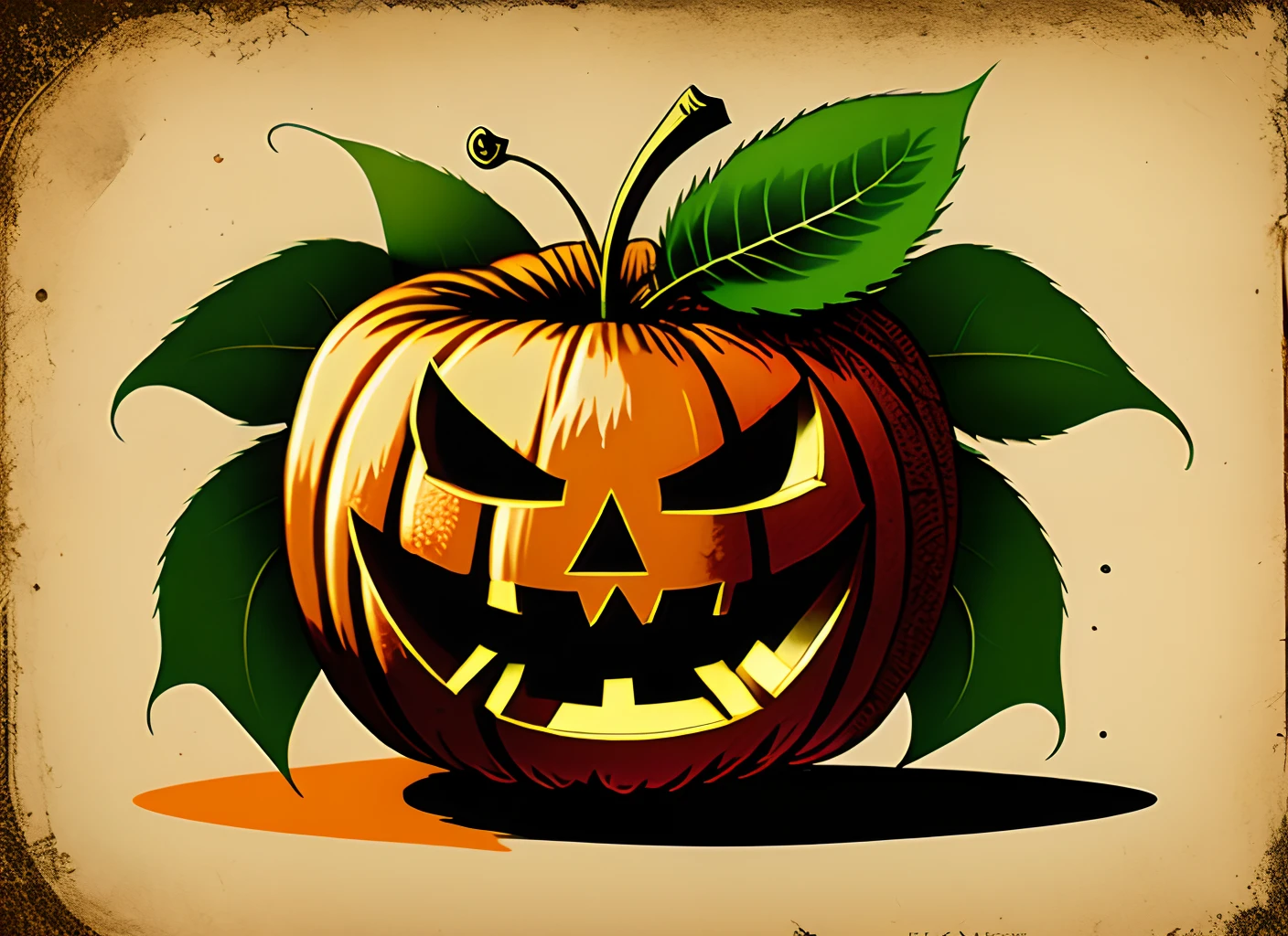 A logo image of a red apple with a twisted stem and a green leaf, the face of a scary jack o lantern and the words HalloWinchester 2023 in a spooky font drawn in a vintage woodcut style