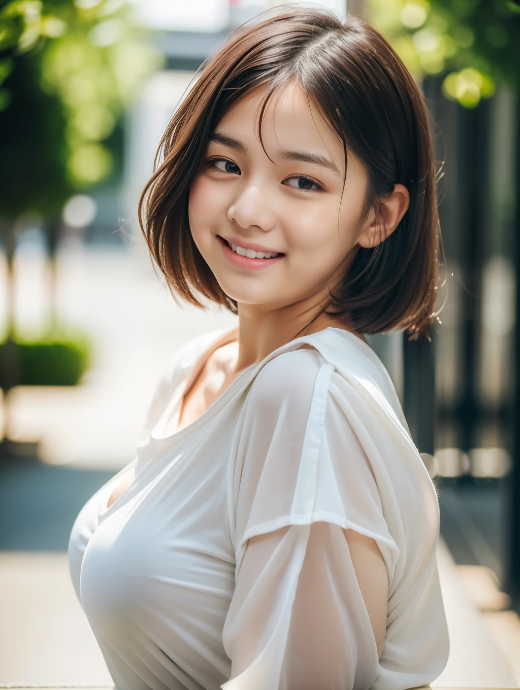 (Beautiful),(15yo student:1.3),(embarrassed:1.5),(in 8K),(Backshots),Japan cute girls,raw,portlate,Photorealsitic,超A high resolution,Best Quality,Natural lighting,(Ray tracing:1.2),Full body:1.5
The break is
hairdo: (good shorthair:1.2)、 depth of fields, (((Oversized white T-shirt)))、 Hair Flower, (Plump body:1.4),(Large breasts),
Romper
(Natural Skin Texture,Detailed skin, Hyper-Realism,ultra sharpness),Intricate details,depth of fields,Smile,(get blush),Wetty