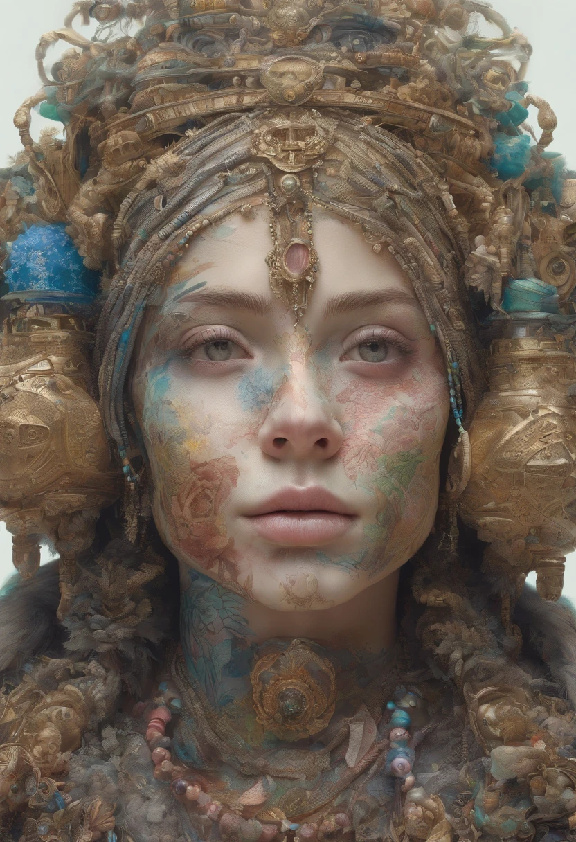 daydreamer girl with a body anchored to the earth, colorful, intricate detail decoration, symetrical body and face