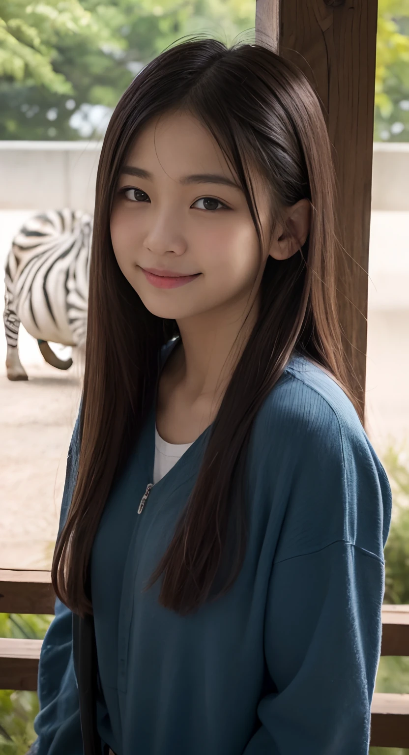 (top-quality、​masterpiece:1.2)、Best Quality、realisitic、photoshot、hight resolution、1080p、8K、Textured skin、Physical Rendering、1 Japan Girls、High school students、kawaii、Young Face、Rolled hair、(zoo:1.5)、Tiere、full of shyness、smil、Big