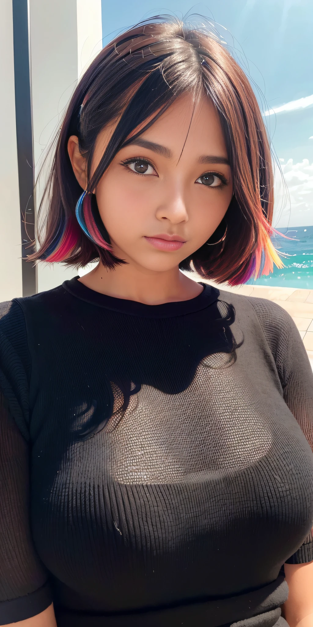 (obra maestra), (mejor calidad), (ultra detallado), (cabello despeinado), (illustration), (1 girl in), (ropa de moda), de pie, modelo de moda, mirando al espectador, (entrevista), (fondo simple), hermosos ojos detallados, hermoso rostro delicado, Flotante, (high saturation), (salpicaduras de colores), burbuja de colores, (brillante), enfoque en la cara, detalles intrincados, fondo negro.