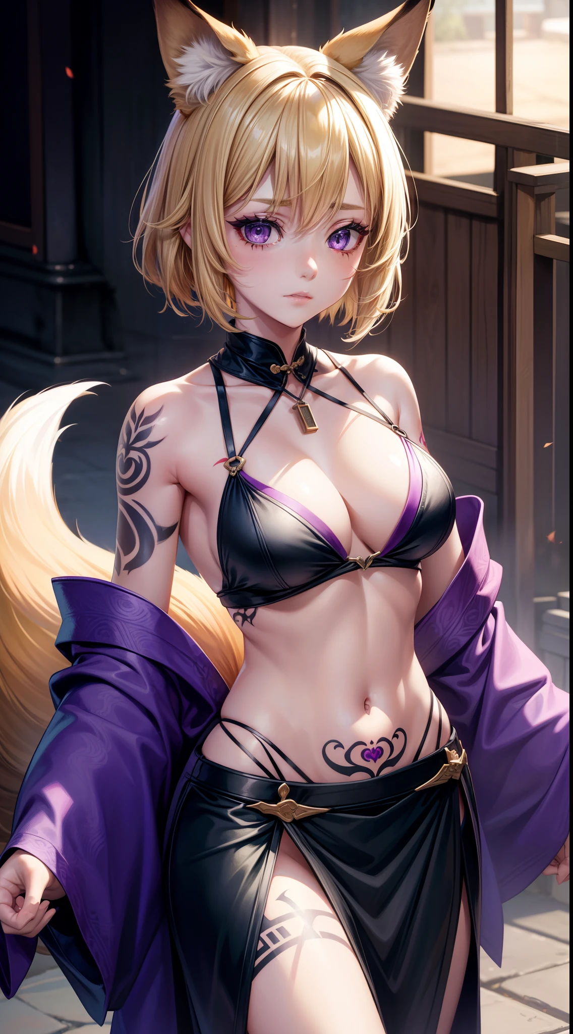 young girl, short blonde hair, Fox ears, violet eyes, tattoo, Scars, green kimono, tattoo, open belly, open breasts, open shoulders, neckline on the chest, long skirt, Sad,4k, HD, Good detail