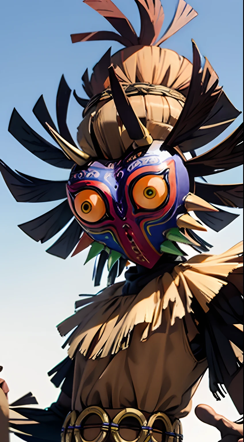 Skull kid, solo, (realistic:0.5), masterpiece, solo, (best quality, perfect detailed, beautifully detailed face, detailed eyes), glistening shiny, ray tracing, DOF, HDR, shiny hair, (soft particles floating:1.1), ((looking at viewer)), (full body:1.1), ((8k wallpaper)), ((highres)), (day:1.3), sky, outdoors, outstretched arms, male focus, gloves, 1boy, mask