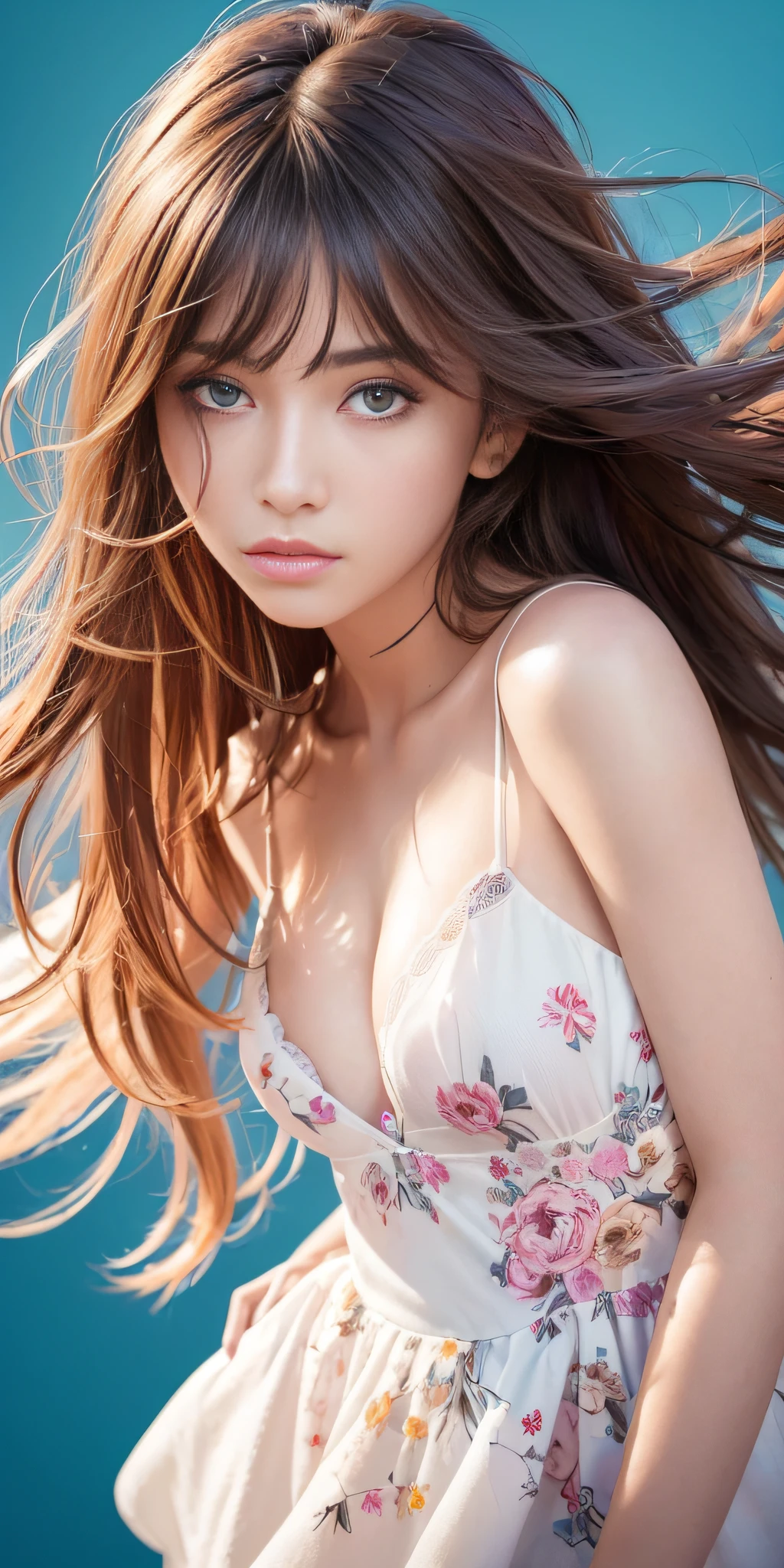 (masterpiece), (best quality), (ultra detailed), (messy hair), (illustration), (1 girl in), (fashion clothing), standing, fashion model, looking at viewer, (interview ), (simple background), beautiful detailed eyes, beautiful delicate face, Floating, (high saturation), (colorful splashes), colorful bubble, (bright), focus on the face, intricate details, black background.