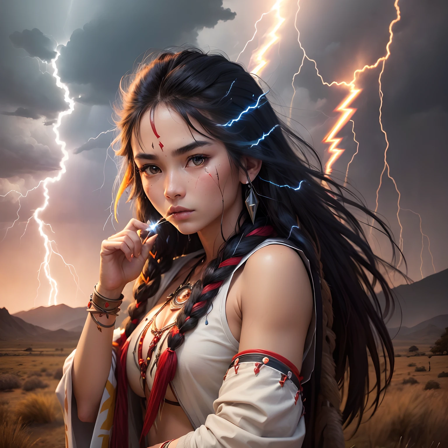 (Best Quality,Ultra-detailed,Realistic:1.37)、Indian cursers attack with lightning magic、An 18-year-old woman、(Sharp eyes:1.5)、Aggressive look、Stylish oriental costume、Brown-skinned、Light veil on the head,、Unleash lightning from the palm of your hand、magic circles、Full body