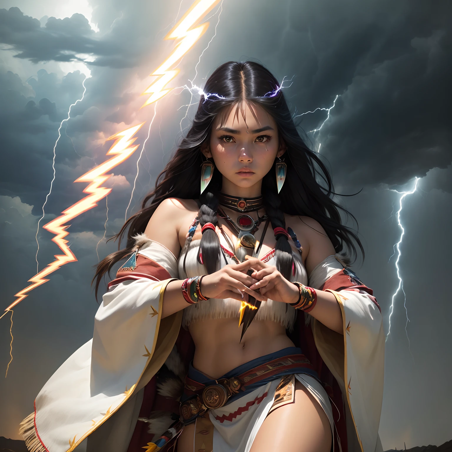 (Best Quality,Ultra-detailed,Realistic:1.37)、Native American Indian shamans summon thunder spirits、An 18-year-old woman、１femele、独奏、(Sharp eyes:1.5)、Beautiful face of attractive Native American Indian woman、Native American Indian Women's Makeup、Aggressive look、Less revealing Native American Indian attire、Cane made of wood、(Shoot lightning from her hands:1.5)、perfect hand、Full body