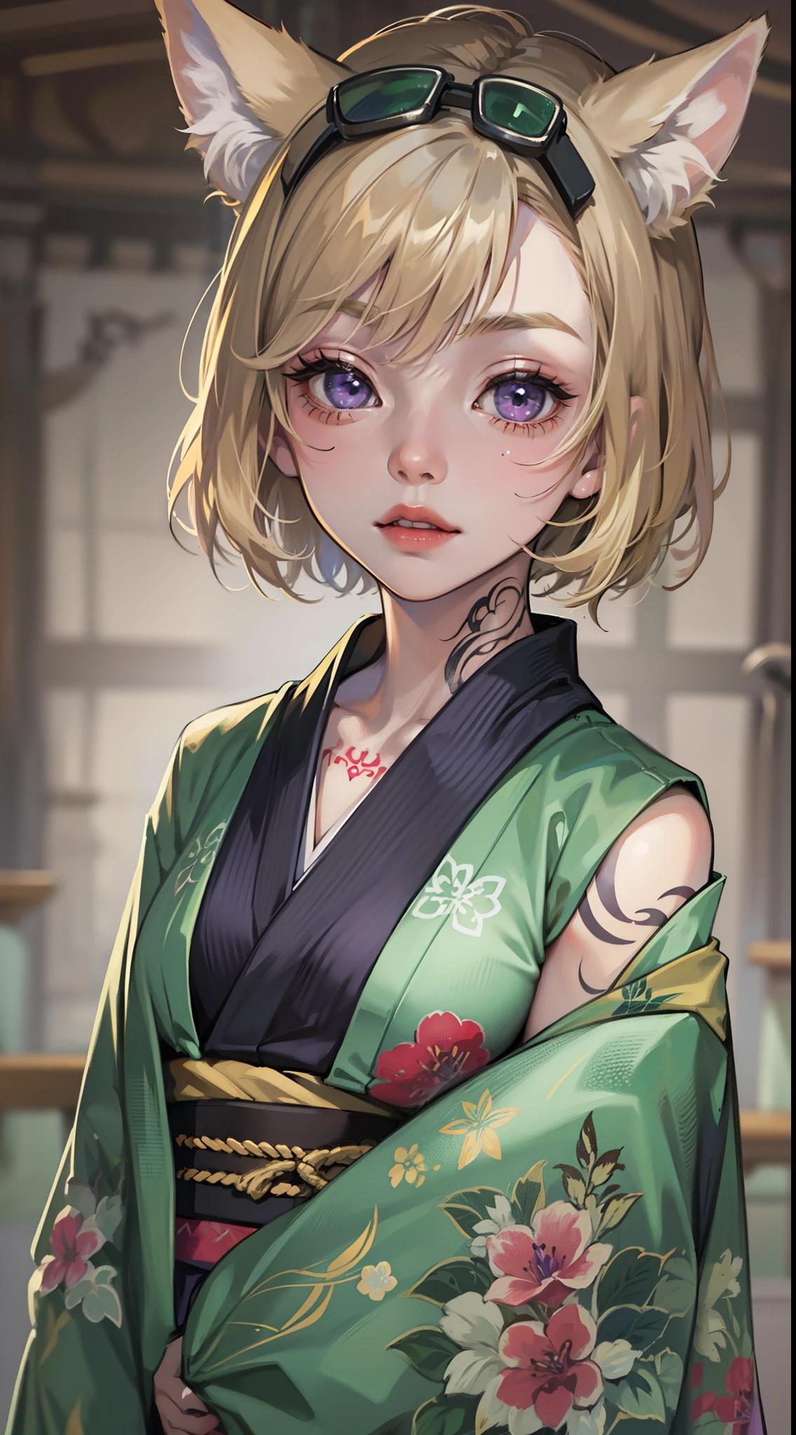 young girl, short blonde hair, Fox ears, violet eyes, tattoo, Scars, green kimono, tattoo, open belly, open breasts, open shoulders, neckline on the chest, long skirt, Sad,4k, HD, Good detail