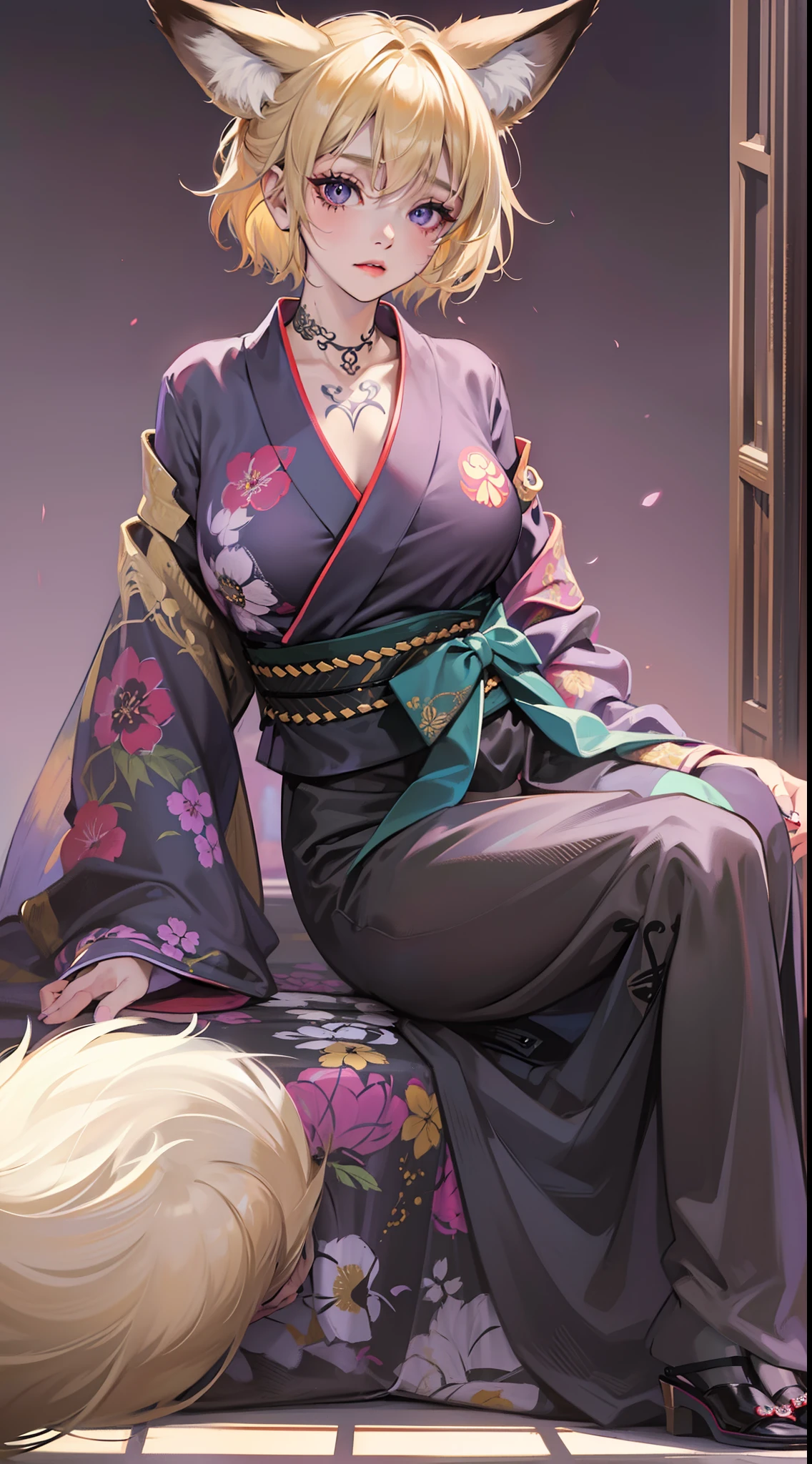 young girl, short blonde hair, Fox ears, violet eyes, tattoo, Scars, green kimono, tattoo, open belly, open breasts, open shoulders, neckline on the chest, long skirt, Sad,4k, HD, Good detail
