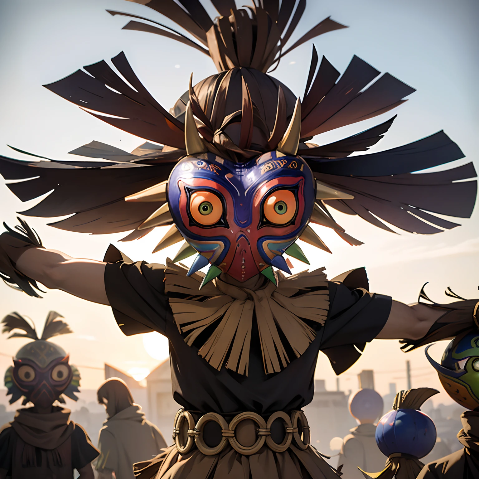 Skull kid, solo, (realistic:0.5), masterpiece, solo, (best quality, perfect detailed, beautifully detailed face, detailed eyes), glistening shiny, ray tracing, DOF, HDR, shiny hair, (soft particles floating:1.1), ((looking at viewer)), (full body:1.1), ((8k wallpaper)), ((highres)), (day:1.3), sky, outdoors, outstretched arms, male focus, gloves, 1boy, mask