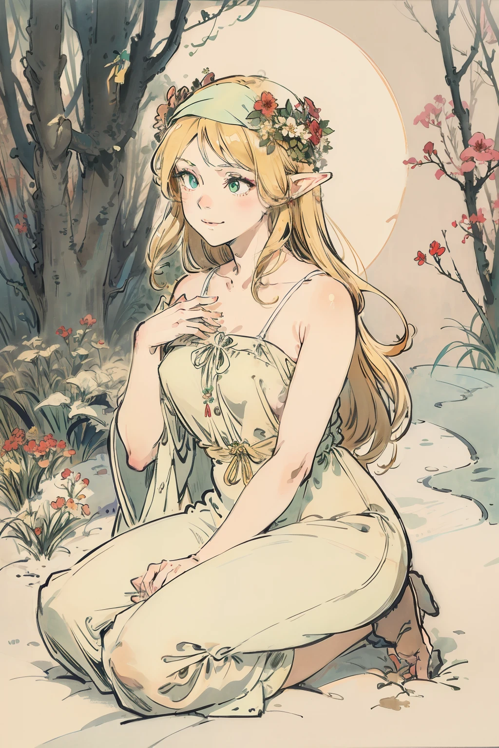 SFW,masutepiece, Best Quality, High resolution, 1girl in, upper body, Details Girl, detail hands, Detail fingers, Detail Face, detail legs, 1girl in, elf, watercolor paiting, pale skin, Petite, Blonde hair, Long hair, Wavy Hair, Green eyes, tareme, medium breasts, white sundress, Bare back,flower wall panel background,looking at viewer,[[tears]],smile