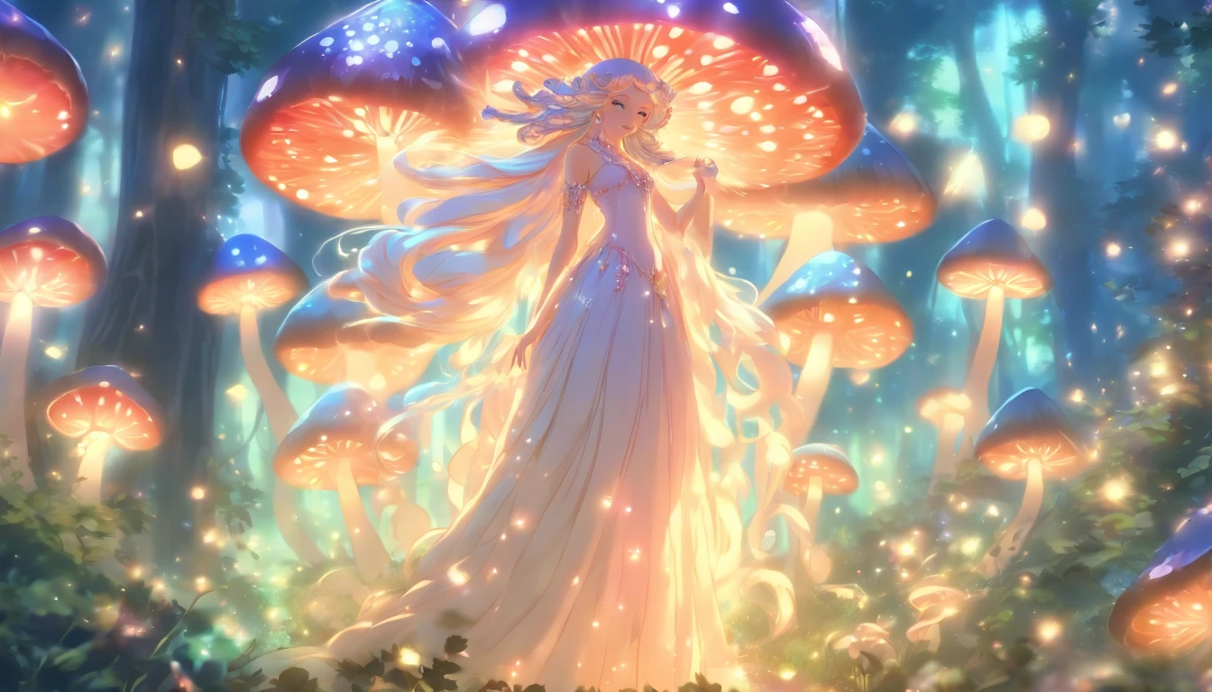 (best quality,ultra-detailed),mushroom forest queen goddess,ethereal,enchanted forest,beautiful detailed eyes,beautiful detailed lips,flowing gown,graceful pose,fairy wings,halo of light,magical crown,glowing mushrooms,whispering trees,mystical atmosphere,soft sunlight filtering through leaves,dreamlike colors,fantasy art,whimsical,mythical,otherworldly,lush vegetation,serene expression,alluring presence,harmony with nature,dancing with butterflies,luminous glow,transcendent beauty,majestic presence,enchanted beings,ethereal glow,tranquil aura,peaceful ambiance