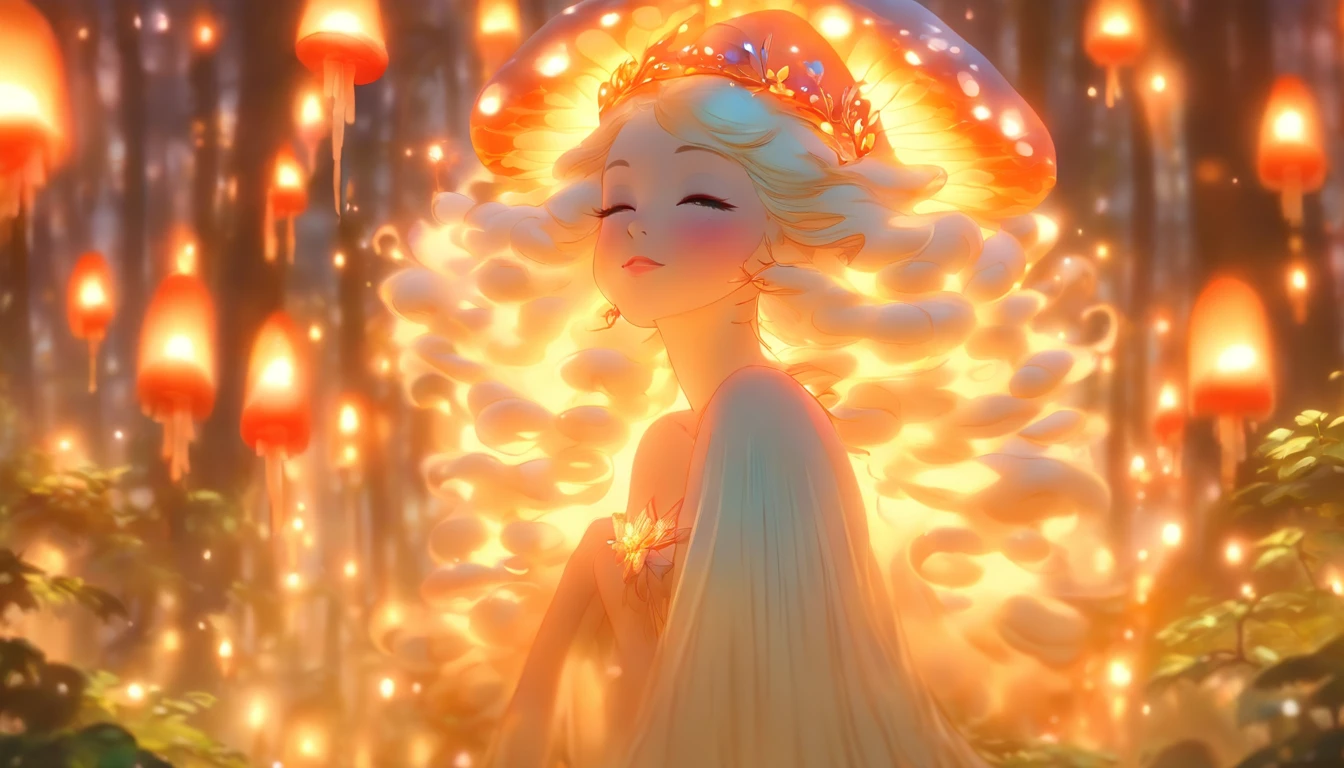 (best quality,ultra-detailed),mushroom forest queen goddess,ethereal,enchanted forest,beautiful detailed eyes,beautiful detailed lips,flowing gown,graceful pose,fairy wings,halo of light,magical crown,glowing mushrooms,whispering trees,mystical atmosphere,soft sunlight filtering through leaves,dreamlike colors,fantasy art,whimsical,mythical,otherworldly,lush vegetation,serene expression,alluring presence,harmony with nature,dancing with butterflies,luminous glow,transcendent beauty,majestic presence,enchanted beings,ethereal glow,tranquil aura,peaceful ambiance
