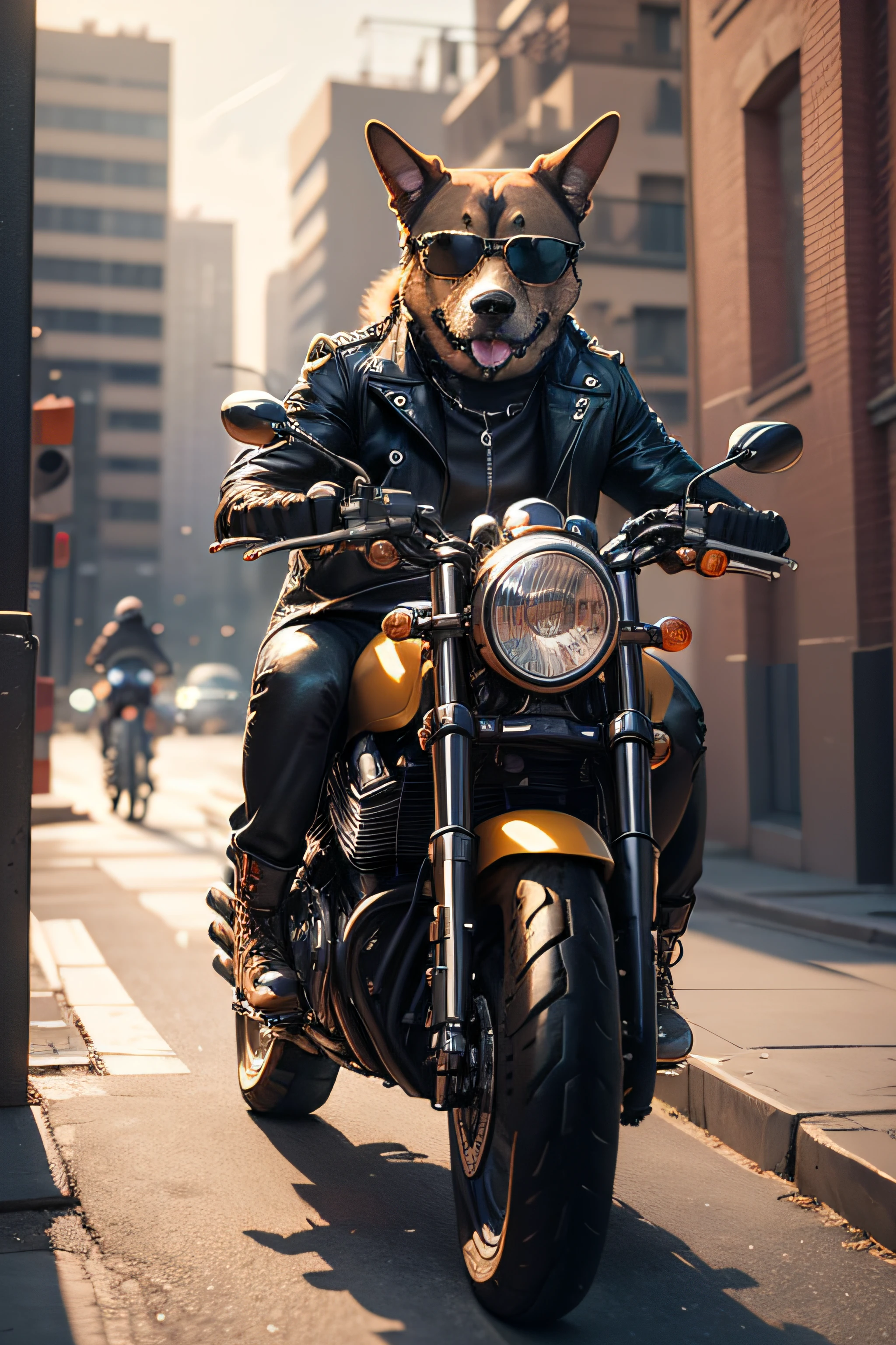 Photo of a dog with sunglasses,trends in the art station,Wearing a leather jacket,hyper realistic detailed rendering,Urban style,intimidating pose,Dog Planet,Fashionable outfit,urbansamurai,Doggy,Riding a motorcycle,Moving bricks at a construction site