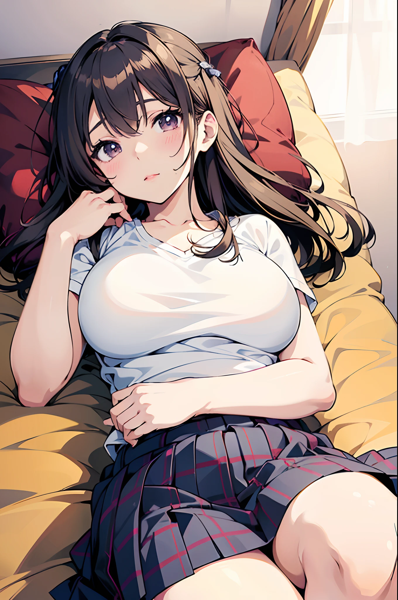 Woman in skirt lying on bed with pillow, Seductive Anime Girl, Realistic Schoolgirl, Anime visuals of cute girls, charming anime girls, a hyperrealistic schoolgirl, a hyperrealistic schoolgirl, Smooth Anime CG Art, marin kitagawa fanart, beautiful anime high school girl, (Anime Girl), beautiful alluring anime teen, realistic young anime girl