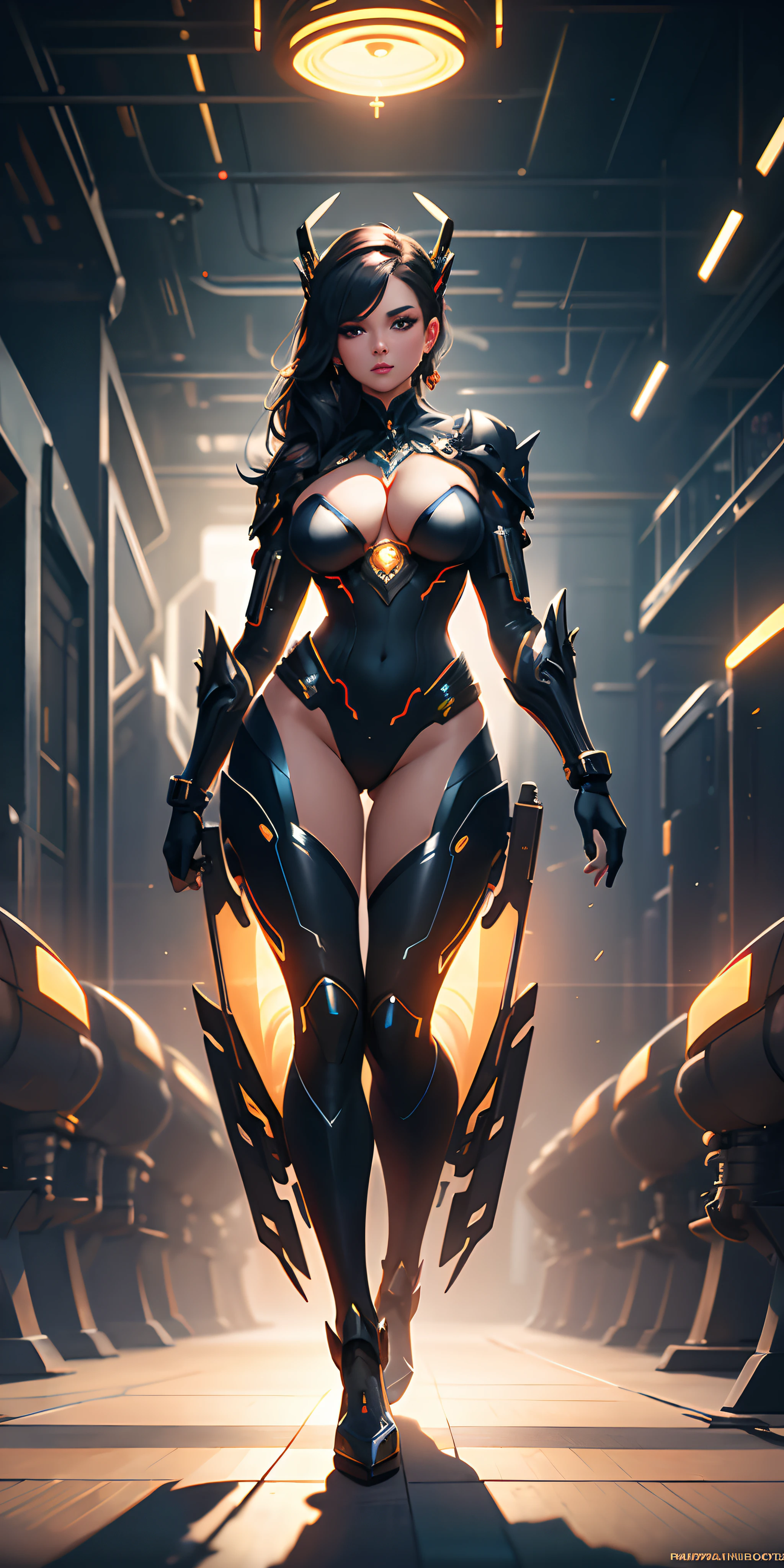 A stunningly beautiful woman with a full body view, her chest adorned with intricate pneumatic tubes, captured in a cinematic lighting that highlights her curves and features. This digital painting is a masterpiece of concept art, showcasing the fusion of technology and beauty.