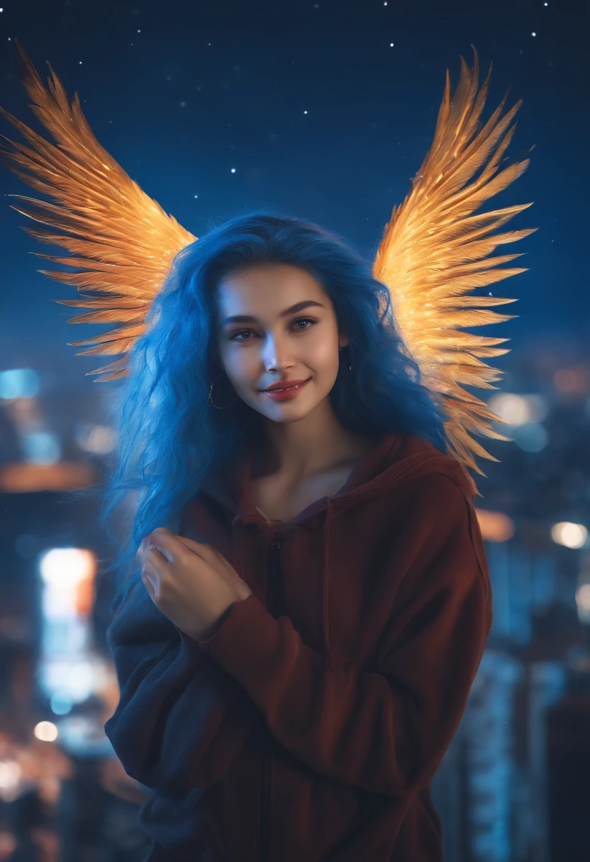 "Image Quality: 8K (Best Quality Scale: 1.2), Artistic Style: Realistic, Photorealistic Factor: 1.37, Clarity: Ultra High Definition, Subject:1girl flying above stunning cityscape ,hoodie,blue hair, neon color shooting stars, very long hair, off shoulder, feather hair ornament, neon colors, flashes, stunning night sky, age Girl (16 yotable Features: Pleasant Smile, Closed Mouth, Exquisite Details, Lovely Nose, Composition: Full Body, Damp Hair, Context: Amidst Colossal Dalsefo,, Attire: snow white T Shirt, Angel wings very detailed