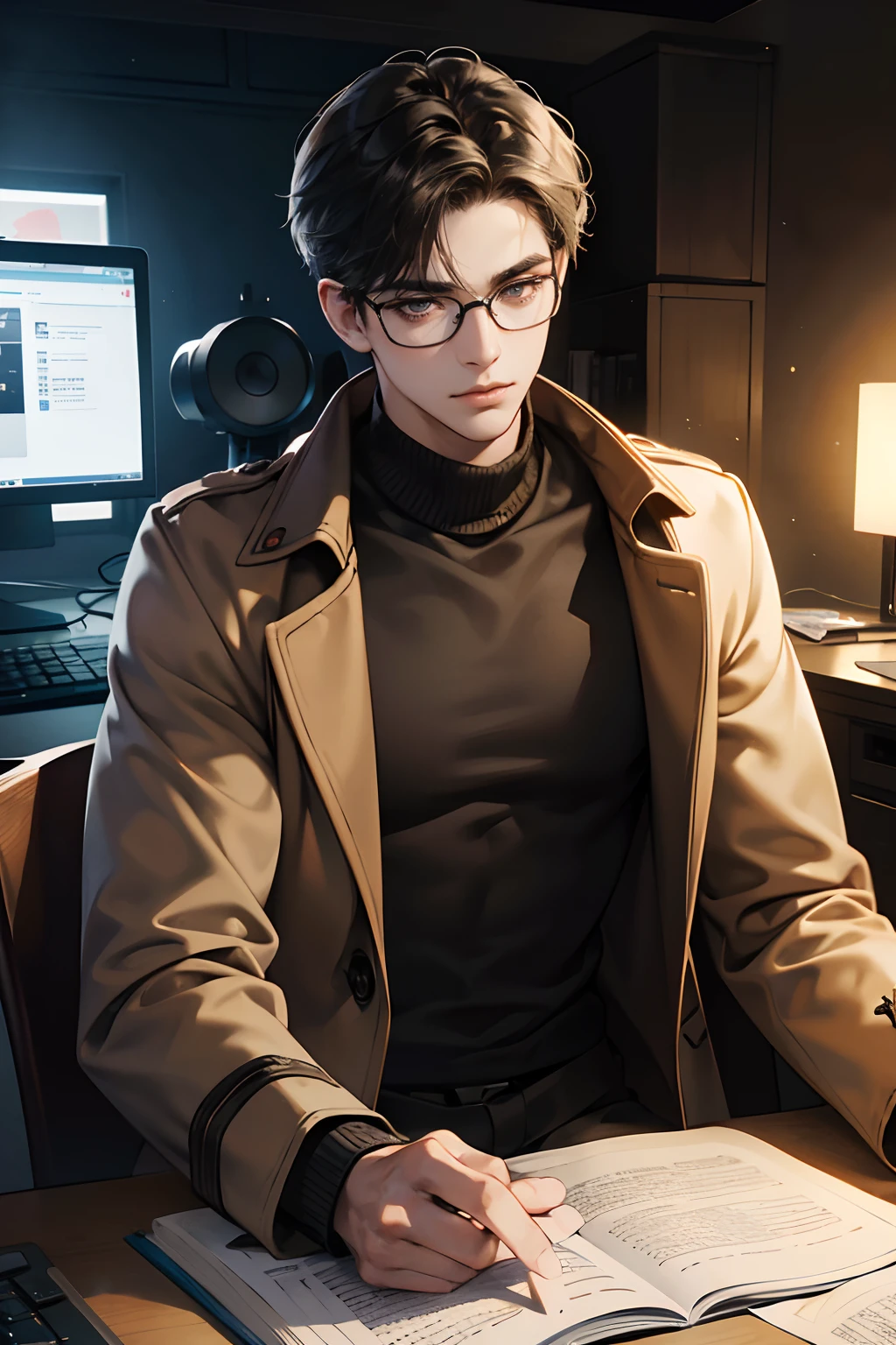 (tmasterpiece, high resolution, ultra - detailed:1.0), (1 boy, Young male), Eyes looking to camera, Perfect male body, Extremely detailed CG, 8K wallpaper, Complicated details, solo person, Detailed face,(Black hair, brown coat,brown sweater, Glasses, Sit in front of laptop,Computer screen, Control Room), color difference, Depth of field, dramatic shadow, Ray tracing, Best quality, Cinematic lighting, offcial art