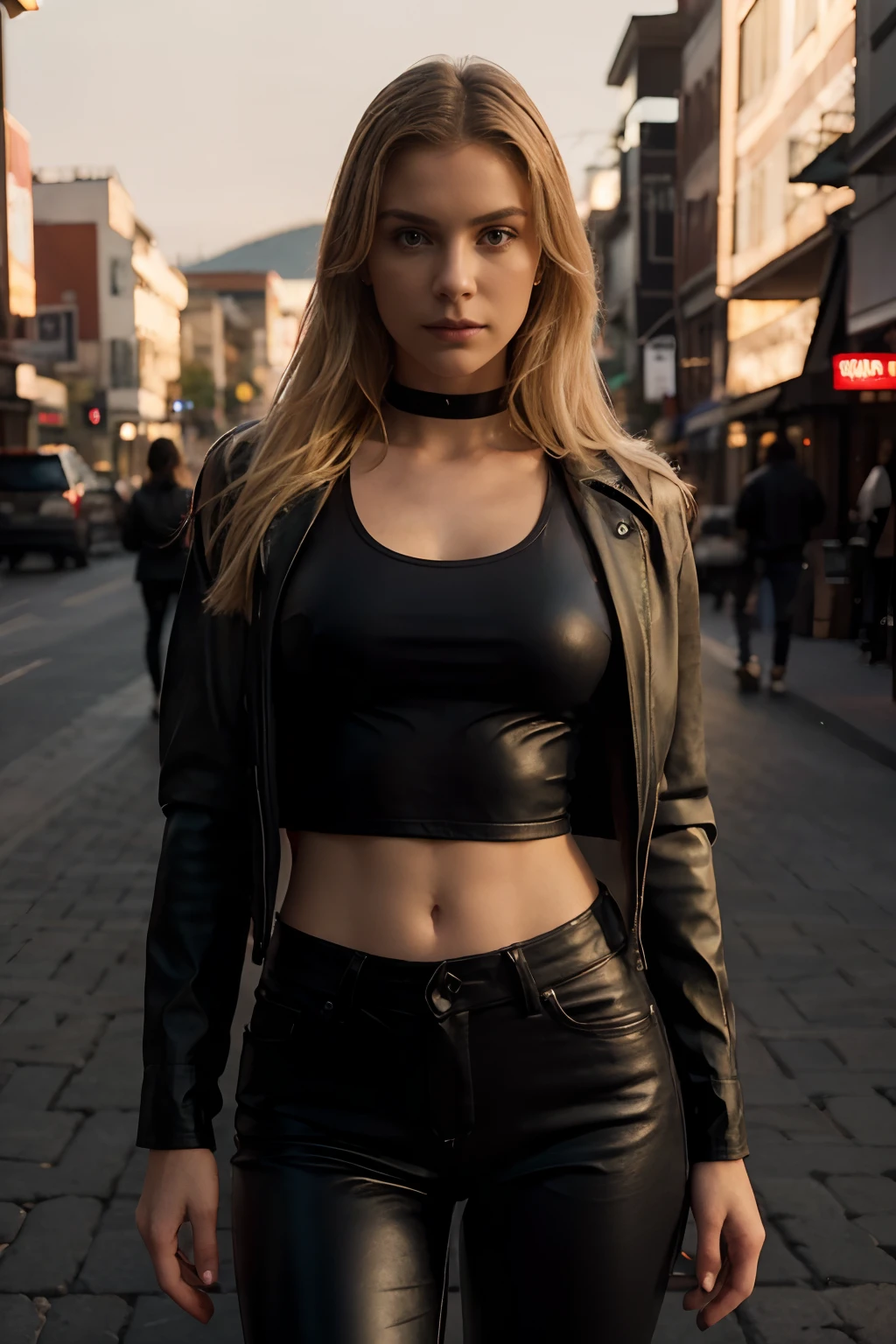 full-length, white, blonde woman standing in a whistler square (BC - Canada), wearing a green leather jacket over a thin, transparent low-cut tank top. She wears matte black leather pants. The woman has a beautiful, toned, sensual body. The image is realistic, highly detailed. Very high resolution, 8k rendering, late afternoon lighting with the sun setting and the horizon red. The city lights are on. The lighting is perfect, the scene is sharp, extreme realism, cinematic image.