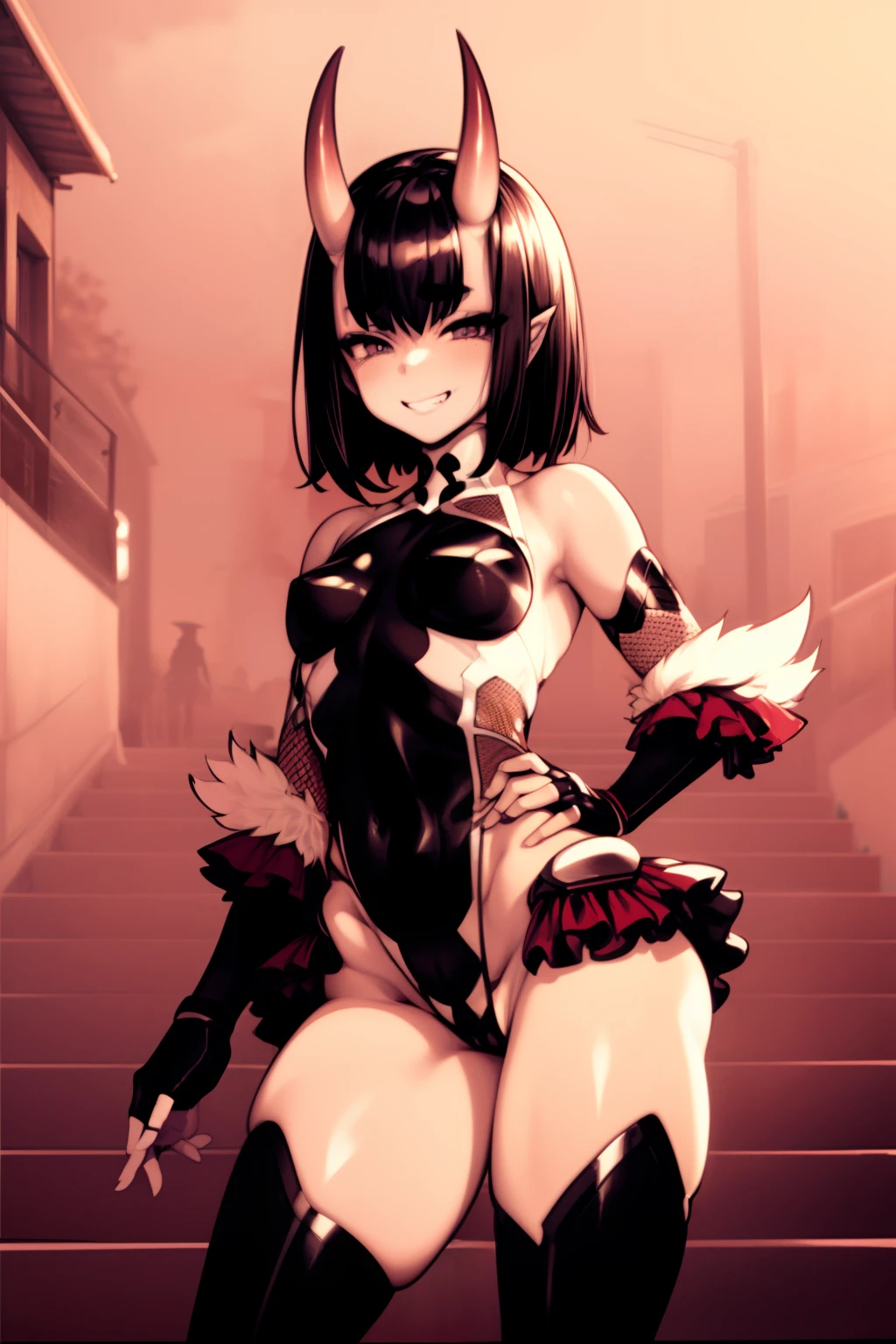 1girl, solo, shuten douji,mizukioutfit, shiny clothes, highleg leotard, black leotard, elbow gloves, fingerless gloves, frills, fishnets, red showgirl skirt, pink ribbon, fur trim, skin tight, impossible leotard, black thighhighs, thighhighs, bare shoulders, covered nave,smirk,grin, outdoors, night, village, stairs, contrapposto,cowboy shot,high contrast