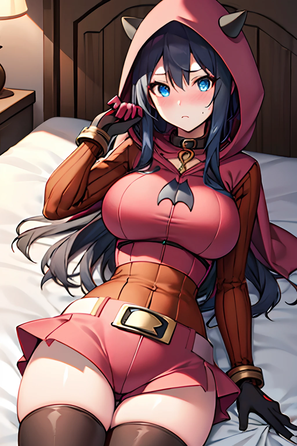 Highly detailed and realistic CG, Colorful, Masterpiece, Best Quality, magnificent, jewel-like eyes, 1girl, solo, loli, lolikawaii, Brave, female hero, black hair, wavy hair, long hair, black wedding dress, wedding boots, miniskirt, large breasts, black wedding stocking, agony, suffer, lying, on back, bedroom, on bed, fantasy world, blush, amber eyes, collar with chain, nsfw, perfect face, perfect anatomy, intricate, wedding veil, hand on chest, pkmntmg, fake horns, hoodie, red shorts, gloves, red boots,