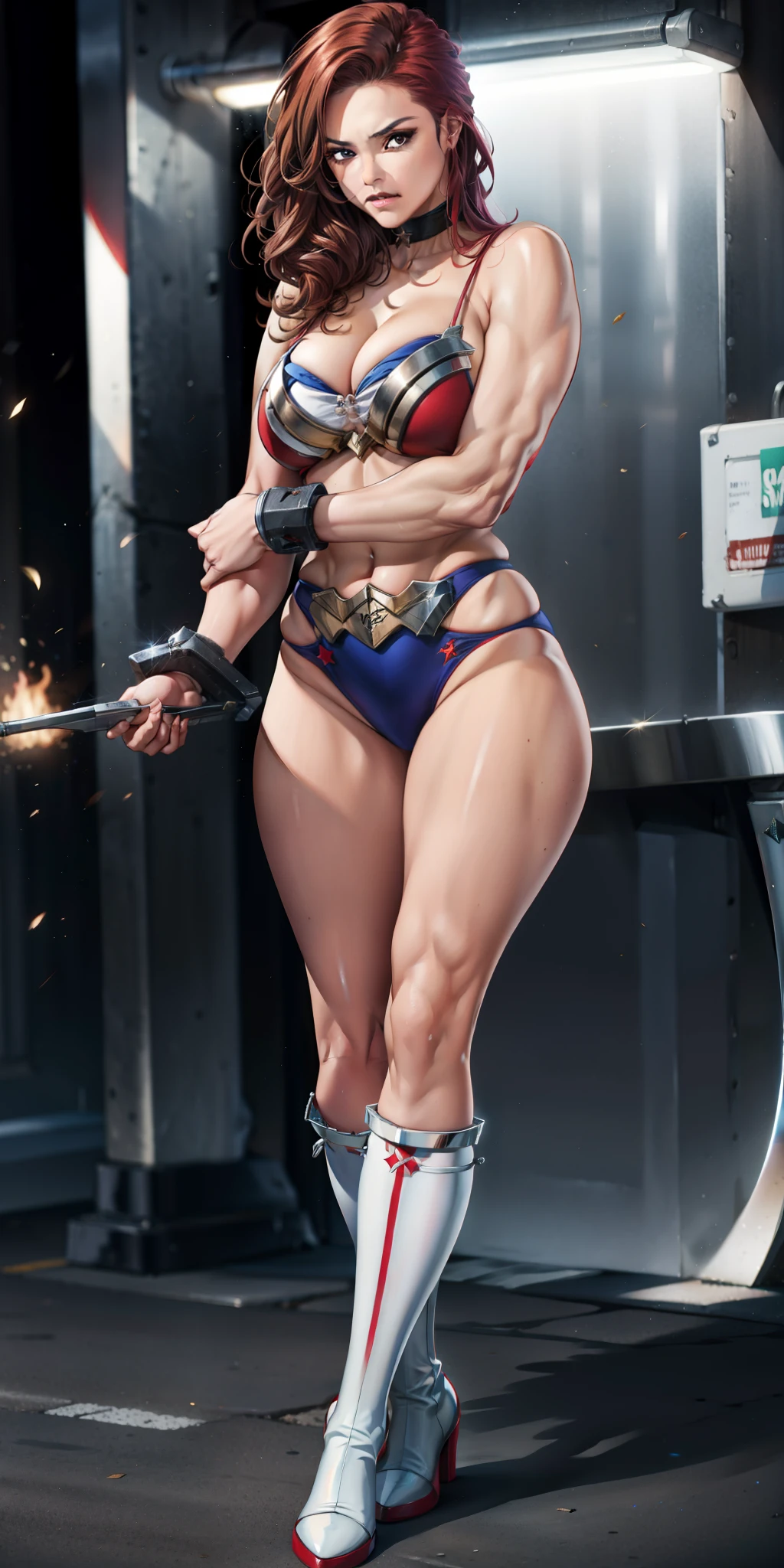 full body standing straight symmetrical, BEDROOM BACKGROUND, strong body, FEMALE, big belt around waist, navel,  armor, 1girl, mature, HEAVY ARMOR RED warrior, red long boots, RED GLOVES, BLACK CHOKER,  ON LEGS AND ARMS