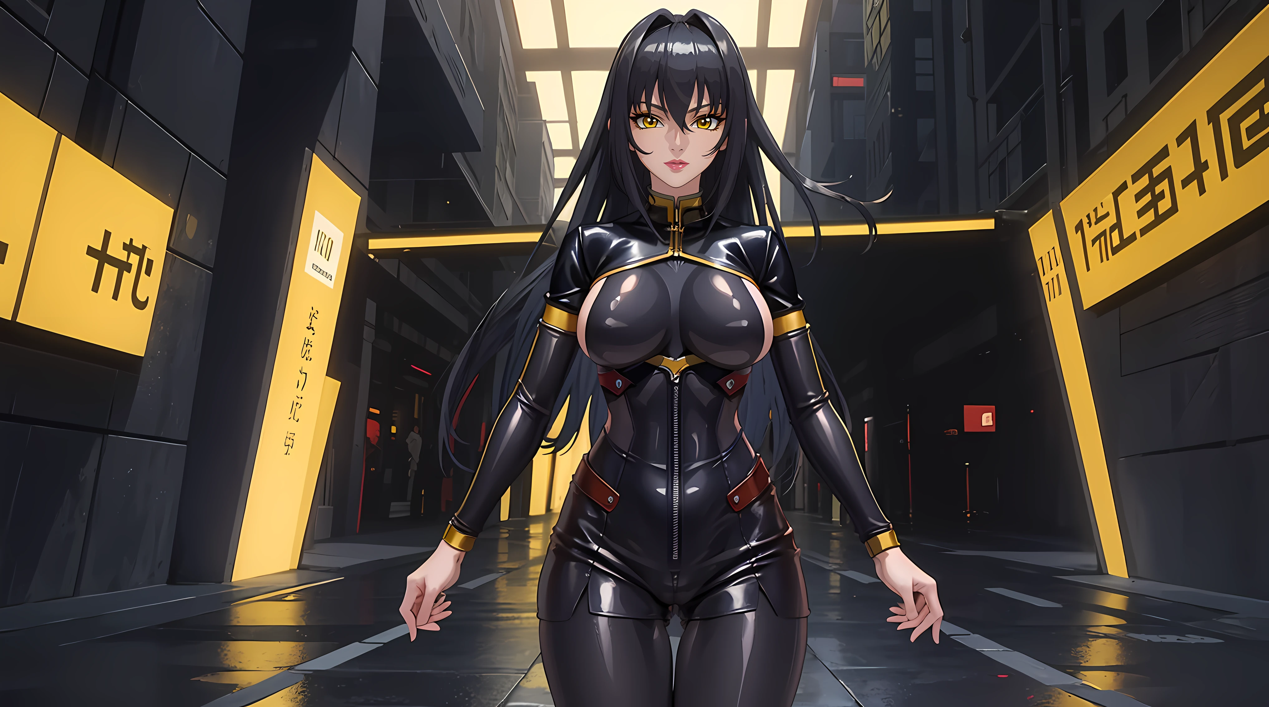 (masterpiece:1.4),(best quality:1.4),  soft lighting, cinematic bloom, beautiful face, beautiful eyes, cowboy shot,
Annerose, 1girl, solo, female mature, black hair, long hair, (yellow eyes:1.4), large breasts, bodysuit, shiny clothes, skin tight, hair intakes, covered breasts, exquisite eyes detail, exquisite character design unity details 8k hdr, professional art, landscape, (solo:1.5, 1girl:1.4, cowboy shot:1.5), day, stand in middle museum, sexy body, milf, 35 years old girl, big thighs, sexy waist, fully covered breasts, cheerful,