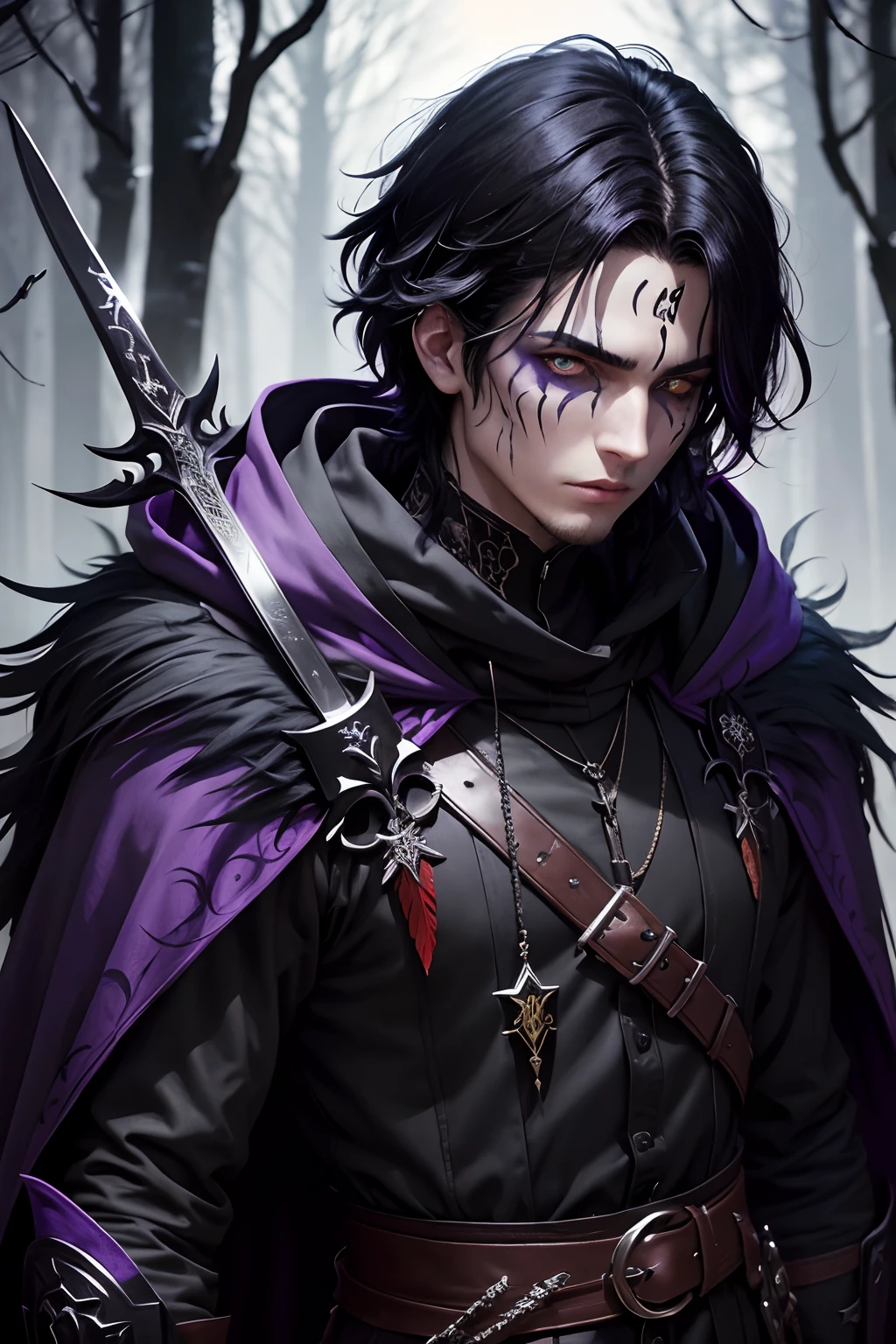 Gothic,25 year-old male, medium messy black hair with hair slightly covering face,black face paint around the eyes,yellow irises,purple and black medieval clothing with feather accessories, sword on back,dark cloak with hood up, facial scars, dark forest, nightime, illustration,mysterious background,dark lighting,violet color palette ,vivid colors, gothic aesthetic