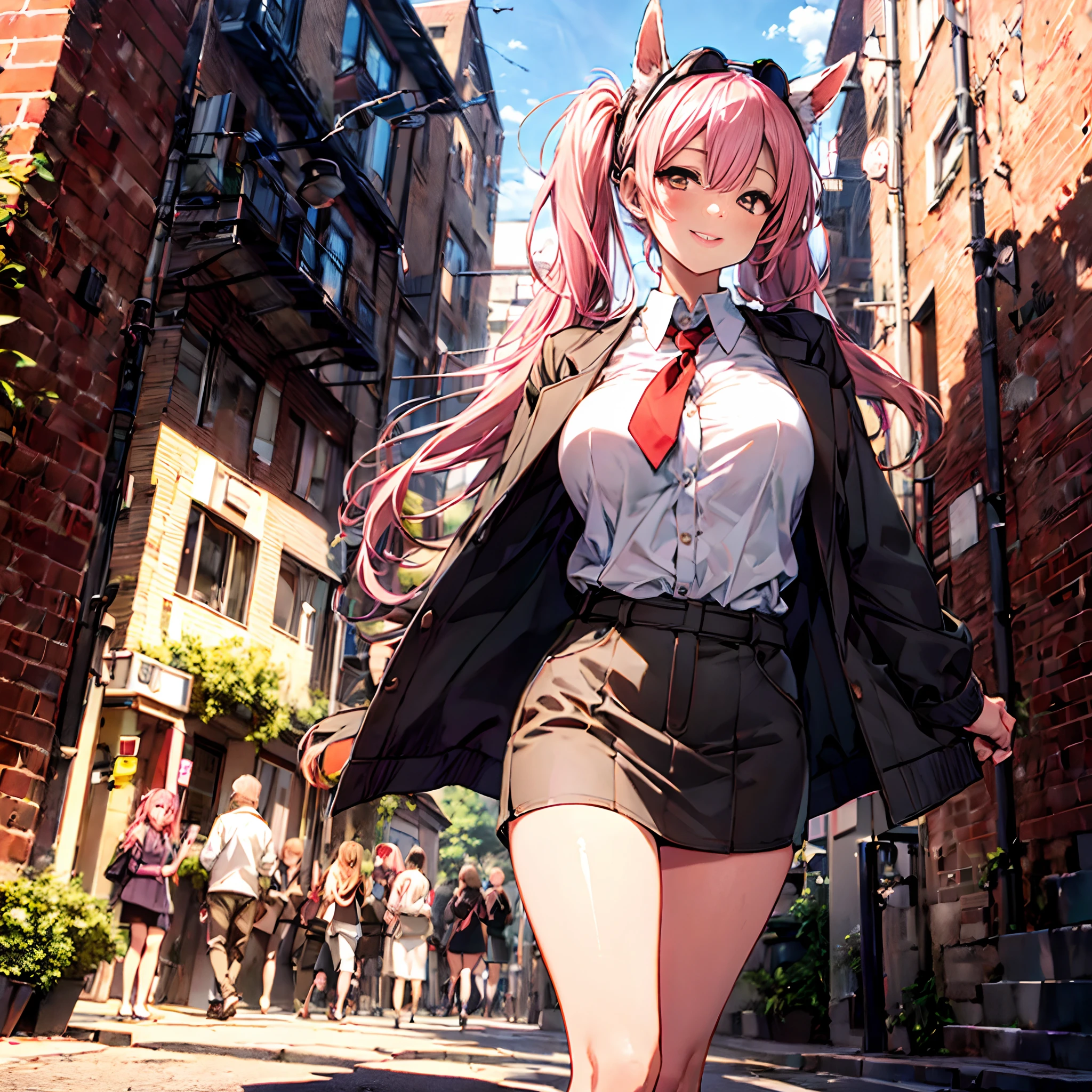(Breast squeeze:1.3), Head tilt, Looking at Viewer break, girl, 25 I, Office Lady, ,Huge breasts, (lip stick:1), Half-closed eyes, Smile, Parted lips,,1 beautiful girl, Solo,(Cute:1.5),(Chibi:0.8), (kawaii:1.5),(Lori:0.5), BREAK, (girl, Cute, Cheerful, Loli face, medium breasts, Chest gap Hanging chest:1.2),(Pink hair,disheveled short twin tails,tareme,Gold eyes:1.2), gleaming skin, (Doya face:1.1),Stuffed rabbit,BREAK, (Jacket, White collared shirt, Long sleeves), Heart-themed accessories, Sandals, (Black rabbit ear headband:1.0), BREAK,wakame,wakame,wakame,(Angle from below:1.25),(plein air:1.1),(building,Red brick wall:1.3),(city,Cityscape:1.2),BREAK,(masutepiece, Best Quality, Highly detailed, Super Detail Art, High resolution, absurderes, 4K, 8K:1.2),(Official art, incredibly fine illustration, extremely details CG, Detailed background, Professional Lighting,Standing, Perfect hands, Detailed shiny skin, detailed hairs, Detailed eyes),(Highly detailed CG Unity 8k wallpaper),(Best Quality),(Super Detail),(Best Illustration),(Best Shadow),POV,Realistic lighting and shading,Natural light,Lens flare effect, BREAK,