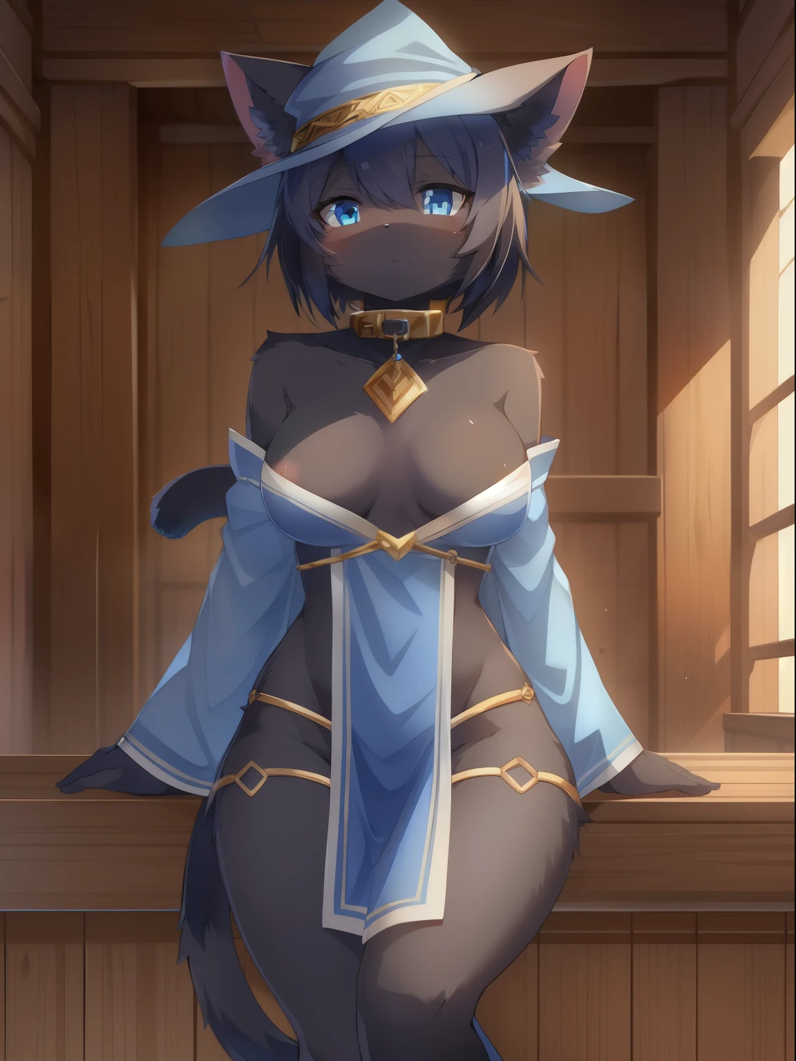 masterpiece, solo, 1girl, Furry, kemono, furry cat, anthropomorphic, female, black fur, black skin, blue eyes, medium breasts, blue wizard clothes, slave collar, sexy clothes, fantasy town, uploaded on e621,