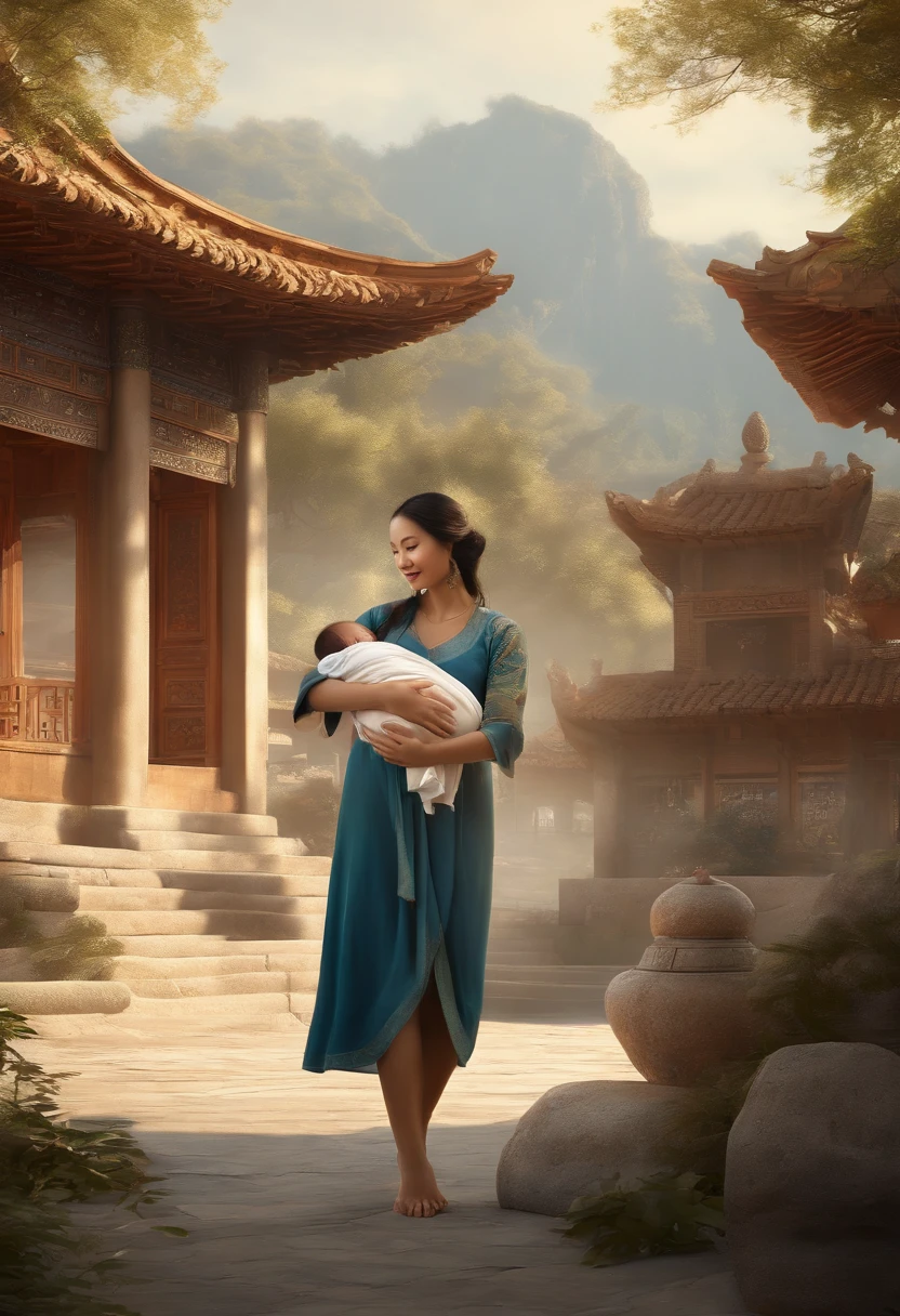 {{Masterpiece, Best quality, CG extremely detailed, Unity 8k wallpaper, lighting cinematic}}, Traditional Chinese Ink Painting, 1fille, 1baby, Young woman holding a baby in her arms, corps entier, Architecture ancienne, Ciel bleu, sunny day, Architecture en bois, Protagoniste de premier plan, sourire, Grands yeux, beautiful detailed eyes, (gros seins, clivage), cul rond, Regarder le public, Cils longs,