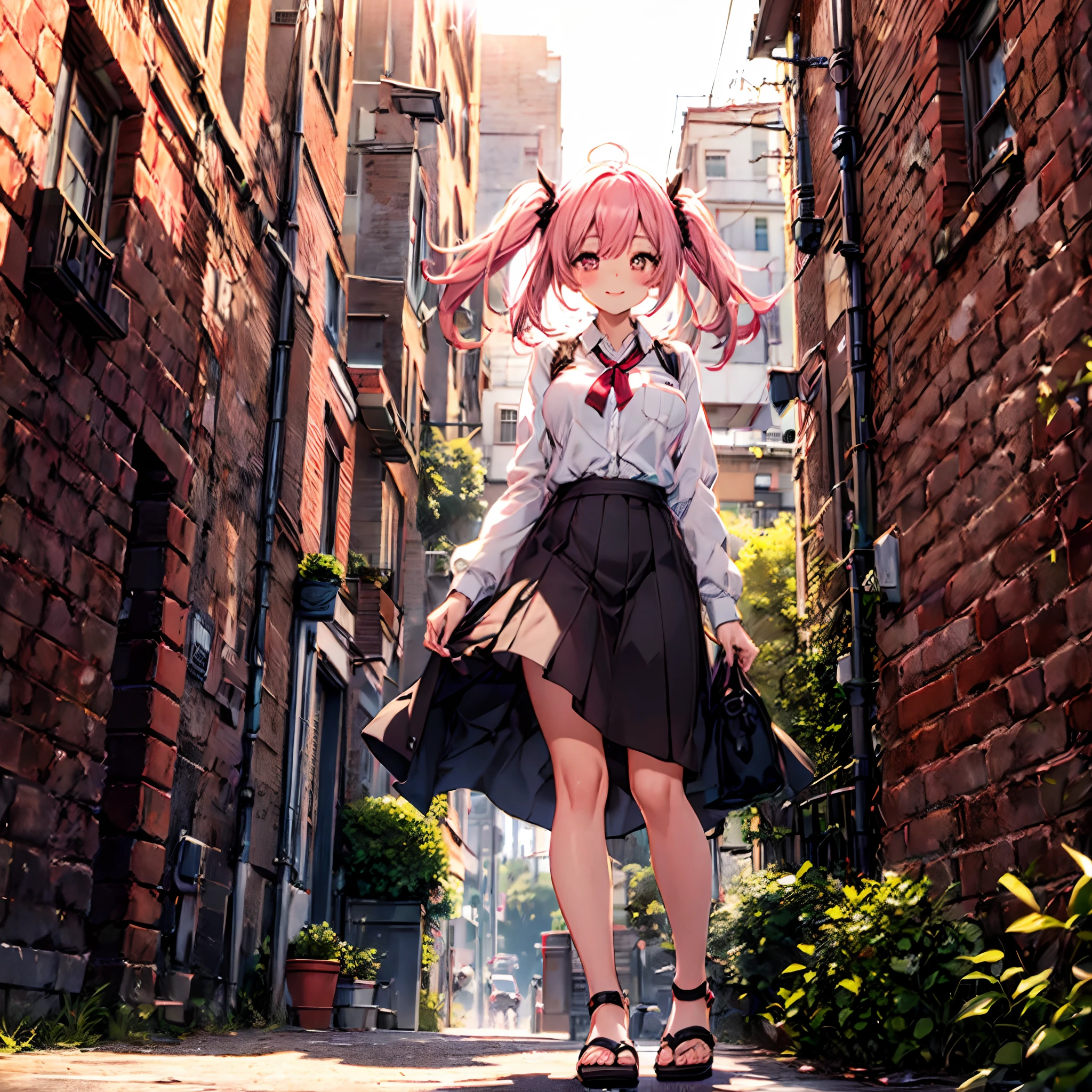 (Breast squeeze:1.3), Head tilt, Looking at Viewer break, girl, 25 I, Office Lady, ,Huge breasts, (lip stick:1), Half-closed eyes, Smile, Parted lips,,1 beautiful girl, Solo,(Cute:1.5),(Chibi:0.8), (kawaii:1.5),(Lori:0.5), BREAK, (girl, Cute, Cheerful, Loli face, medium breasts, Chest gap Hanging chest:1.2),(Pink hair,disheveled short twin tails,tareme,Gold eyes:1.2), gleaming skin, (Doya face:1.1),Stuffed rabbit,BREAK, (Jacket, White collared shirt, Long sleeves), Heart-themed accessories, Sandals, (Black rabbit ear headband:1.0), BREAK,wakame,wakame,wakame,(Angle from below:1.25),(plein air:1.1),(building,Red brick wall:1.3),(city,Cityscape:1.2),BREAK,(masutepiece, Best Quality, Highly detailed, Super Detail Art, High resolution, absurderes, 4K, 8K:1.2),(Official art, incredibly fine illustration, extremely details CG, Detailed background, Professional Lighting,Standing, Perfect hands, Detailed shiny skin, detailed hairs, Detailed eyes),(Highly detailed CG Unity 8k wallpaper),(Best Quality),(Super Detail),(Best Illustration),(Best Shadow),POV,Realistic lighting and shading,Natural light,Lens flare effect, BREAK,