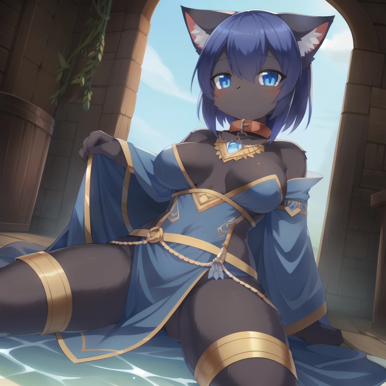 masterpiece, solo, 1girl, Furry, kemono, furry cat, anthropomorphic, female, black fur, black skin, blue eyes, medium breasts, blue wizard clothes, slave collar, sexy clothes, fantasy town, uploaded on e621,