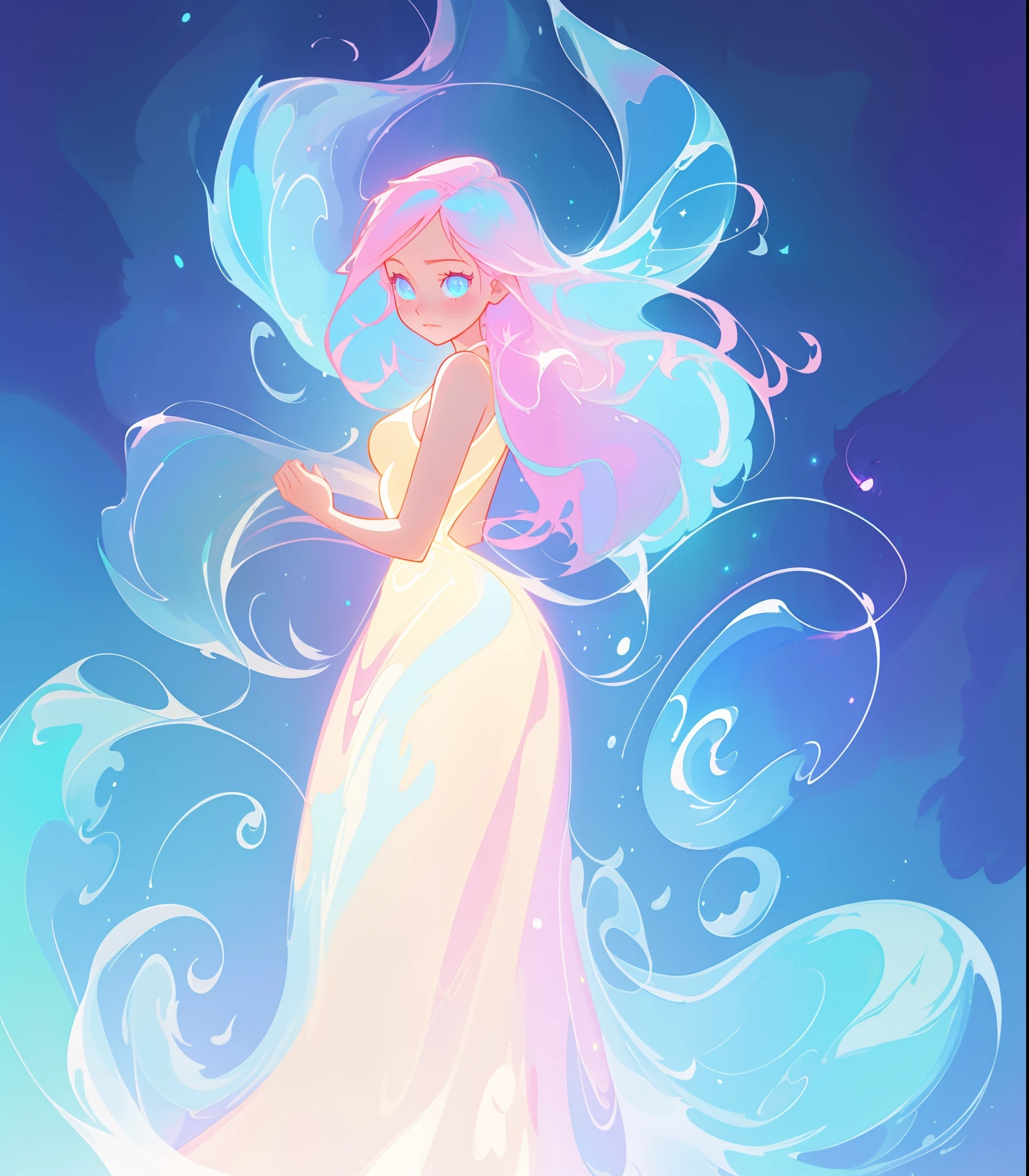 beautiful anime girl in glowing dress, inspired by Glen Keane, inspired by Lois van Baarle, disney art style, by Lois van Baarle, glowing aura around her, by Glen Keane, jen bartel, glowing lights! digital painting, flowing glowing hair, glowing flowing hair, beautiful digital illustration, fantasia background, whimsical, magical, fantasy, beautiful face, ((masterpiece, best quality)), intricate details, highly detailed, sharp focus, 8k resolution, sparkling detailed eyes, liquid watercolor