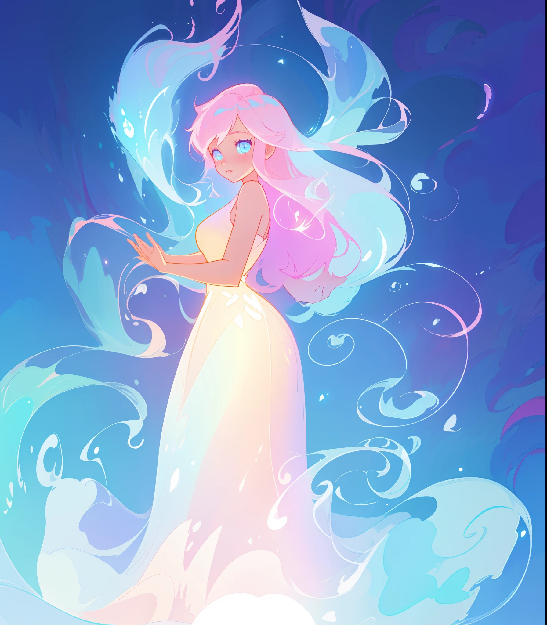 beautiful anime girl in glowing dress, inspired by Glen Keane, inspired by Lois van Baarle, disney art style, by Lois van Baarle, glowing aura around her, by Glen Keane, jen bartel, glowing lights! digital painting, flowing glowing hair, glowing flowing hair, beautiful digital illustration, fantasia background, whimsical, magical, fantasy, beautiful face, ((masterpiece, best quality)), intricate details, highly detailed, sharp focus, 8k resolution, sparkling detailed eyes, liquid watercolor