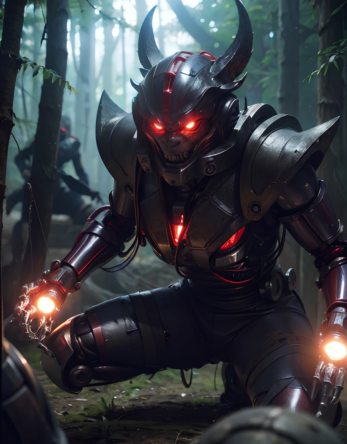 (1 Mechanical Girl)、top-quality、​masterpiece、超A high resolution、(Photorealsitic:1.4)、Raw photo、1人、Fight mutants、glowy skin、(((1 Mechanical Girl)))、With a beautiful knife、（Yellow Metal Bodysuit）、(Kobold、ogre、Fierce battle with orcs),（Fight fiercely against aliens）、Fight fiercely、(beautiful forest background)、(Fighting Demonic Beasts)、(Small LED)、((super realistic details))、portlate、(Strong giant demon beast background),globalillumination、Shadow、octan render、8K、ultrasharp、Colossal tits、Raw skin is exposed in cleavage、metals、Details of complex ornaments、Japan details、highly intricate detail、Realistic light、(Mystical expression),CGSoation Trends、Red Eyes、radiant eyes、Facing the camera、neon details、(Mechanical limbs)、(blood vessels connected to tubes)、Mechanical vertebrae attached to the back、mechanical cervical attaching to neck、(Wires and cables connecting to the head)、Gundam、Small LED、,Mechanical thighs、Toostock、（Hands are also made of machines）、（Attack of the Monster Beasts）、（Wounded in a deadly battle）、